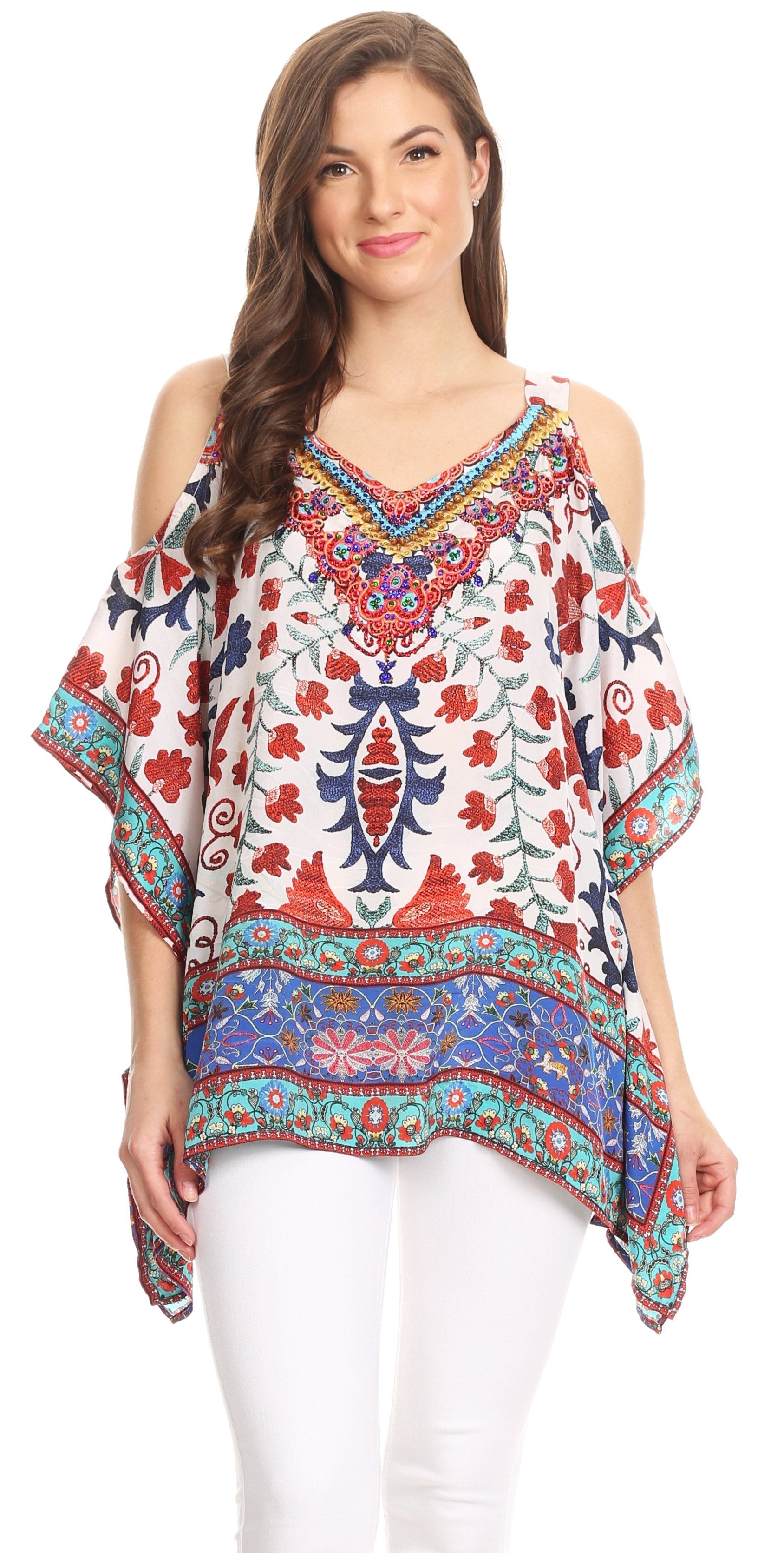 Sakkas Saanvi Printed Draped Short Sleeve Strap Cutout Shoulder V-Neck Kaftan Top - Concordia Style Boutique