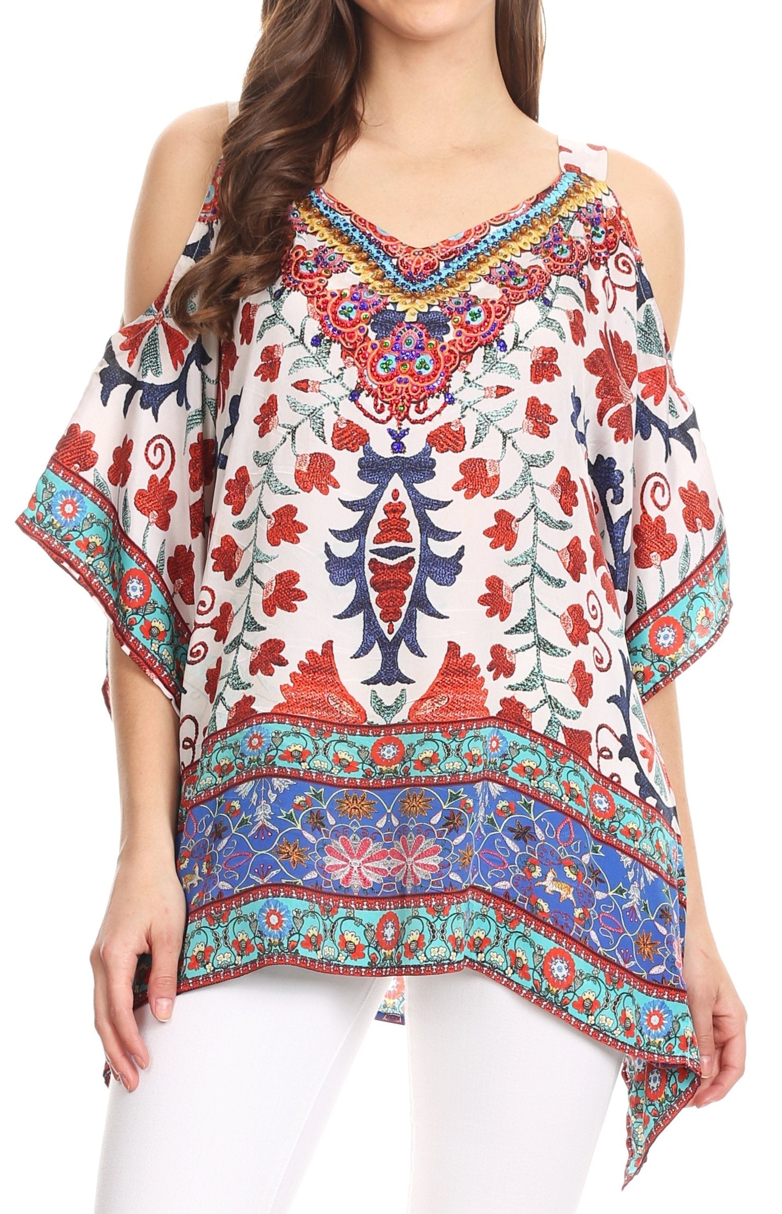 Sakkas Saanvi Printed Draped Short Sleeve Strap Cutout Shoulder V-Neck Kaftan Top - Concordia Style Boutique