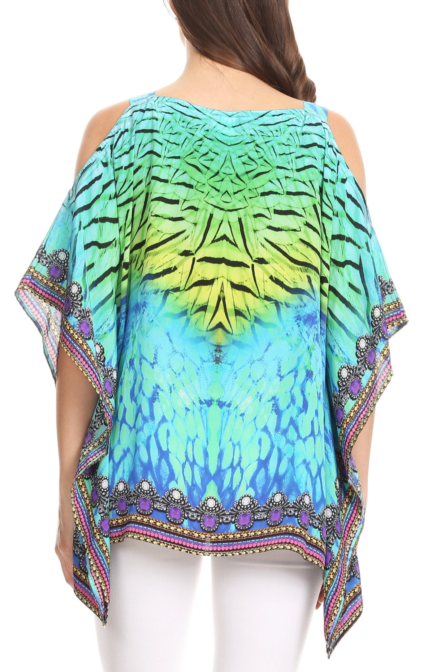 Sakkas Saanvi Printed Draped Short Sleeve Strap Cutout Shoulder V-Neck Kaftan Top - Concordia Style Boutique