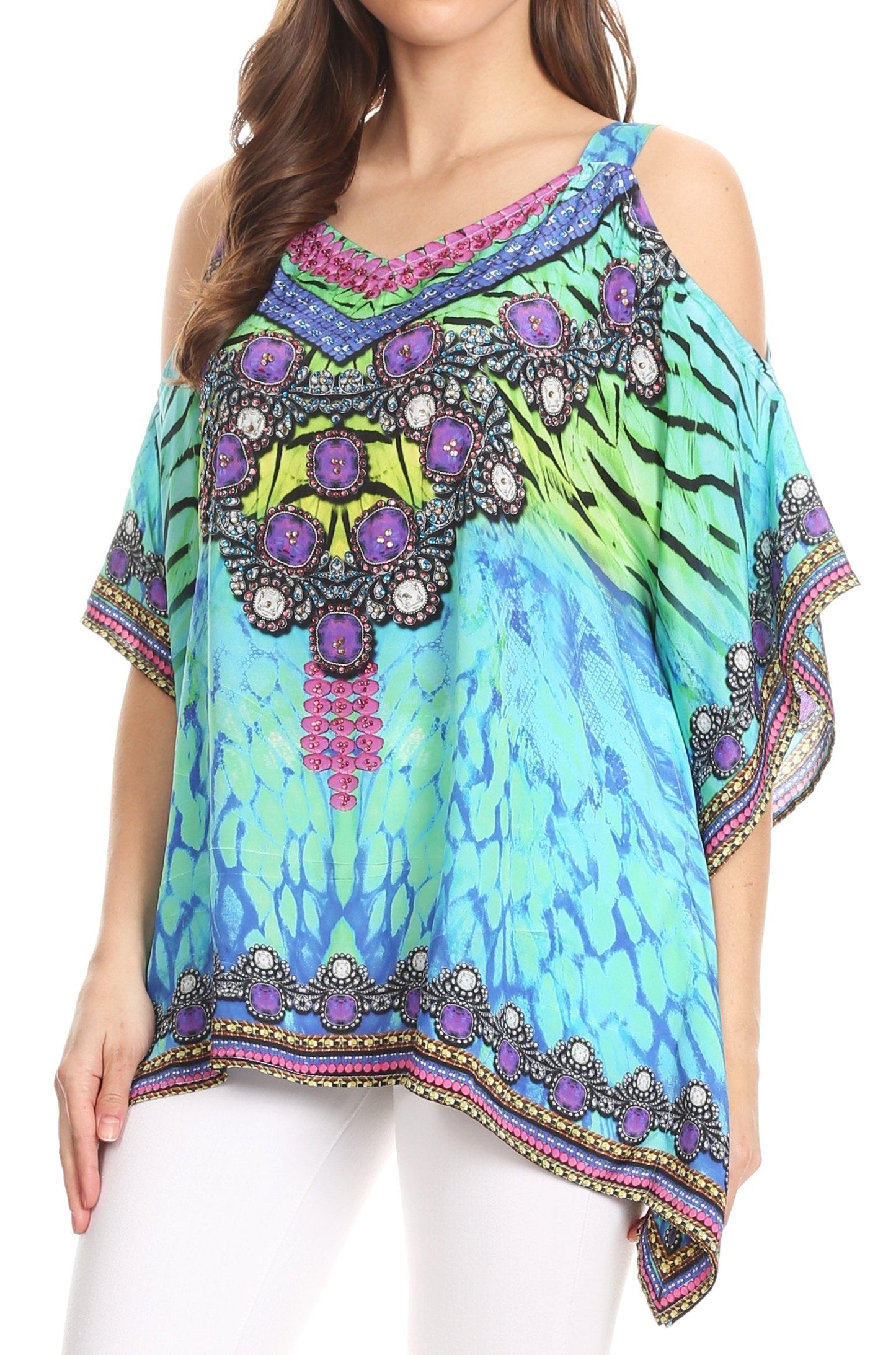Sakkas Saanvi Printed Draped Short Sleeve Strap Cutout Shoulder V-Neck Kaftan Top - Concordia Style Boutique