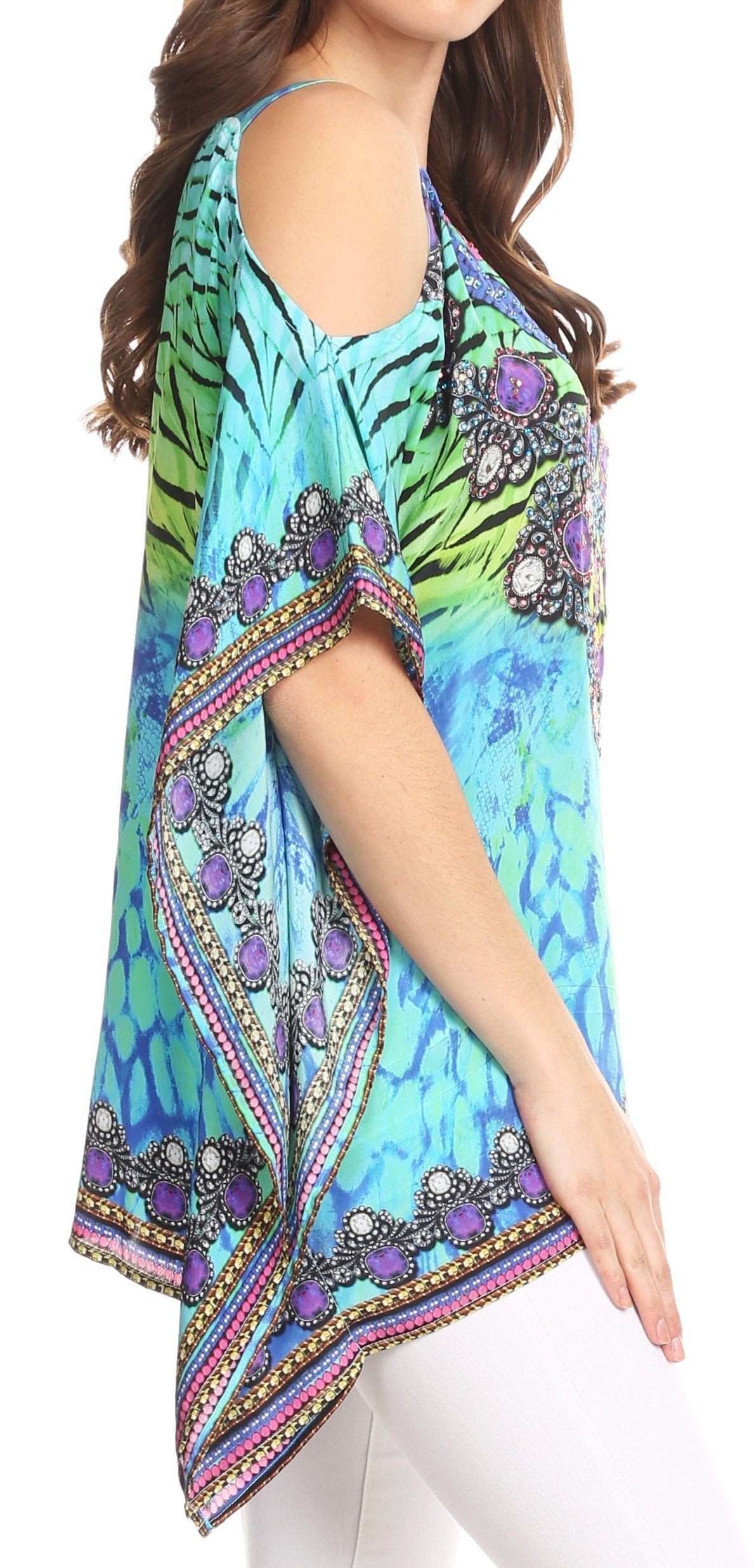 Sakkas Saanvi Printed Draped Short Sleeve Strap Cutout Shoulder V-Neck Kaftan Top - Concordia Style Boutique