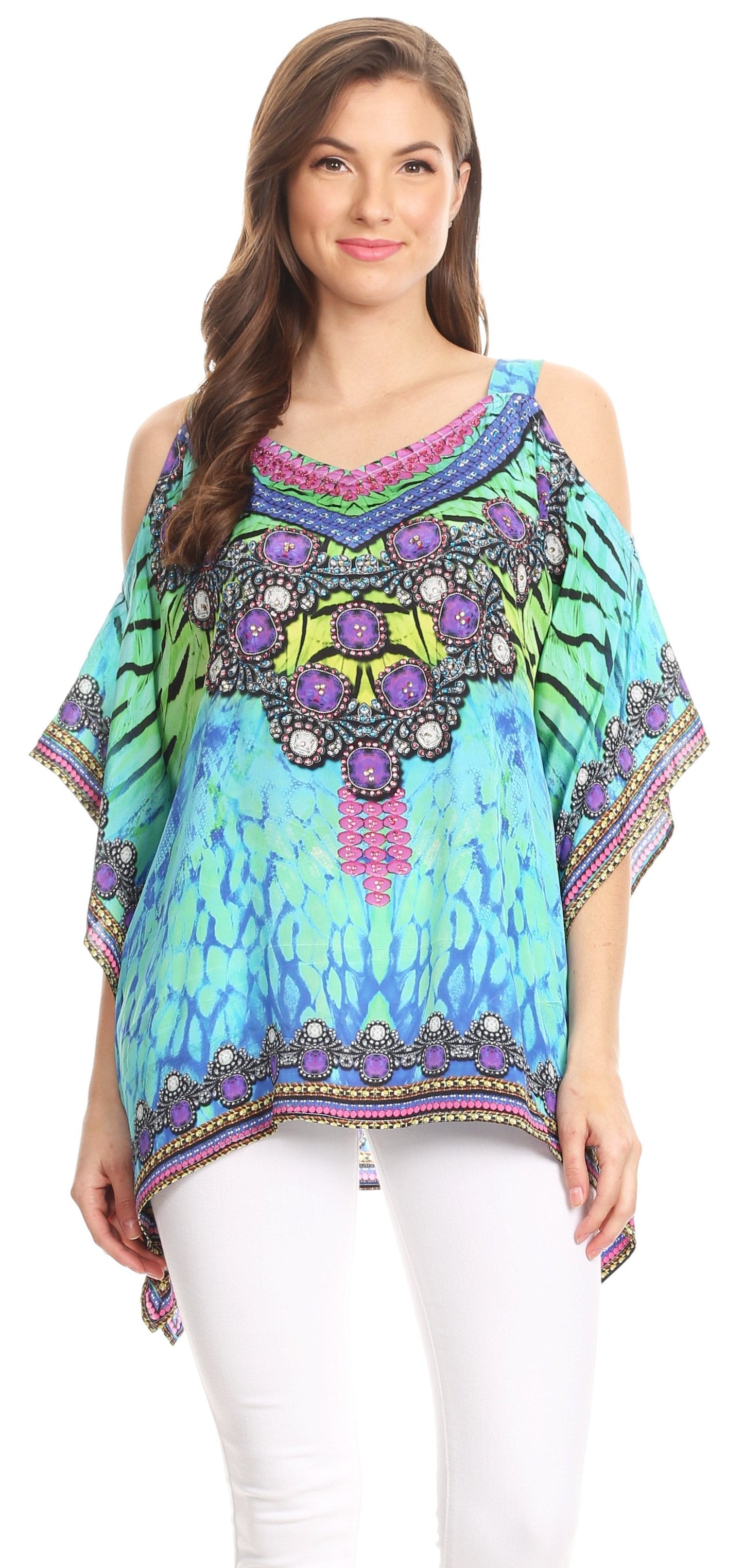 Sakkas Saanvi Printed Draped Short Sleeve Strap Cutout Shoulder V-Neck Kaftan Top - Concordia Style Boutique