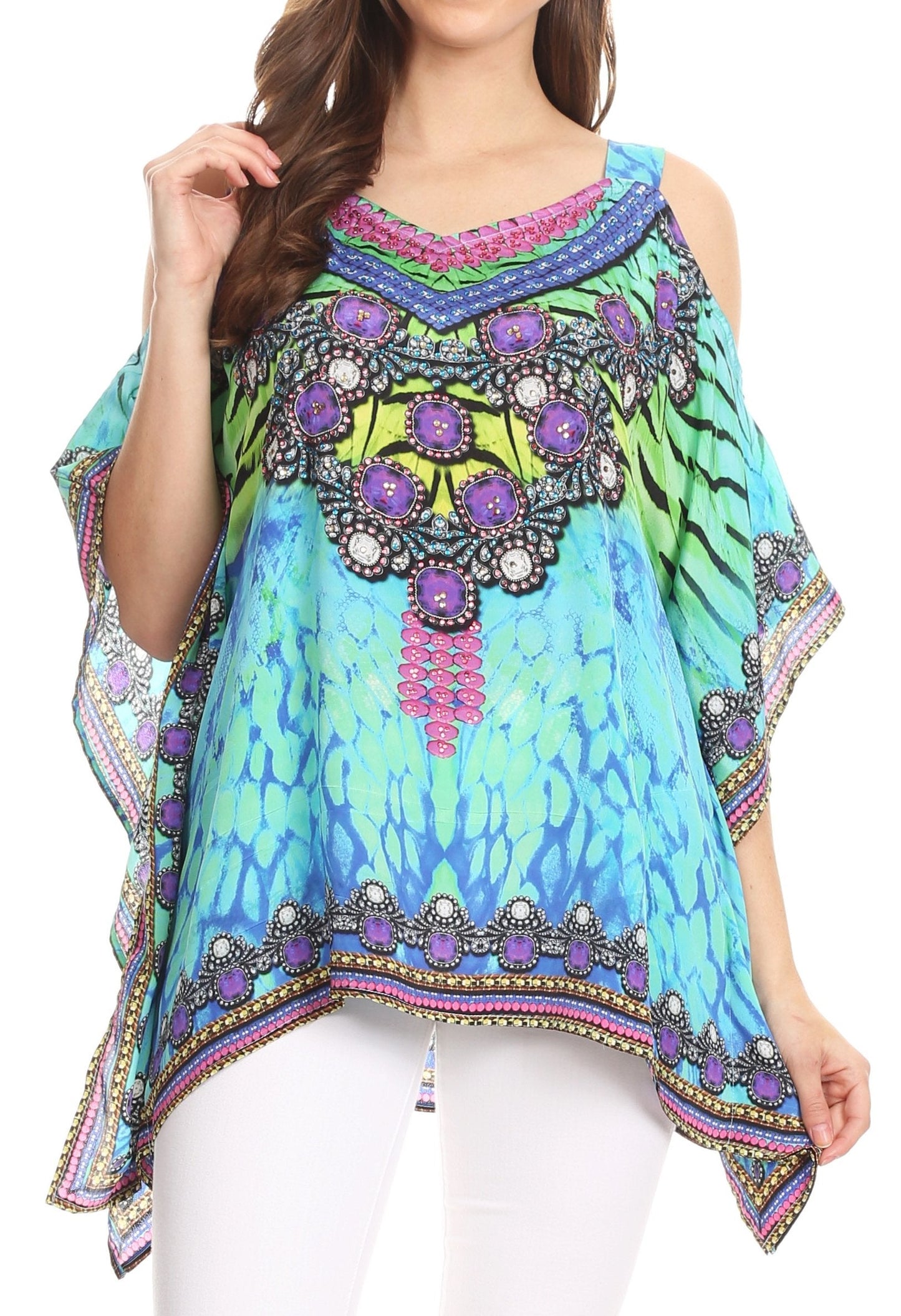 Sakkas Saanvi Printed Draped Short Sleeve Strap Cutout Shoulder V-Neck Kaftan Top - Concordia Style Boutique