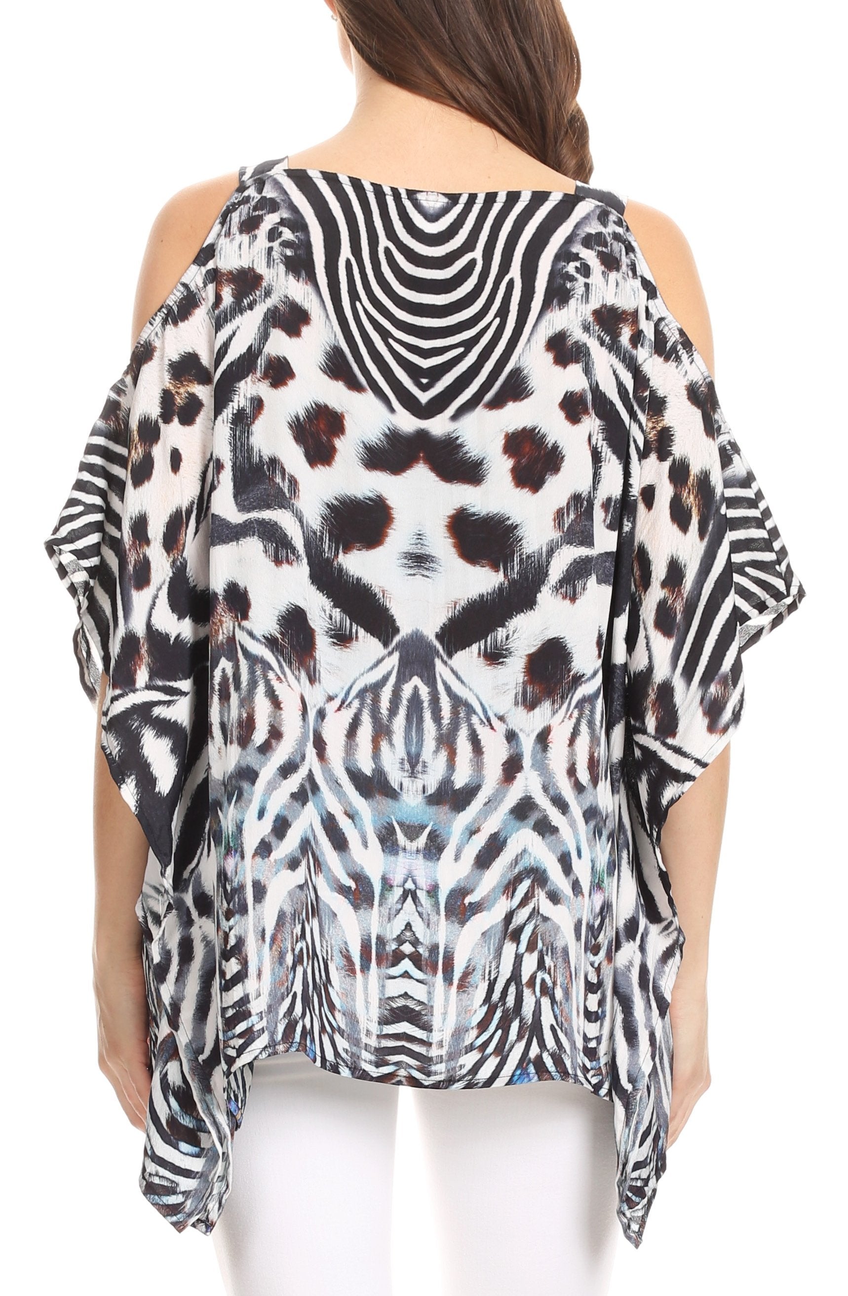 Sakkas Saanvi Printed Draped Short Sleeve Strap Cutout Shoulder V-Neck Kaftan Top - Concordia Style Boutique