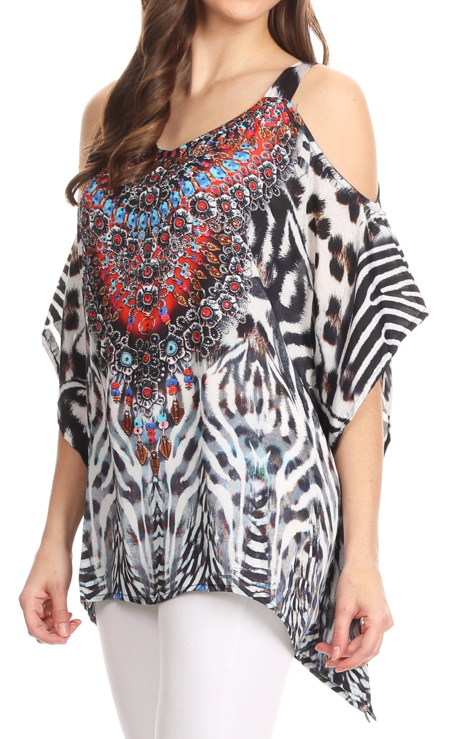 Sakkas Saanvi Printed Draped Short Sleeve Strap Cutout Shoulder V-Neck Kaftan Top - Concordia Style Boutique
