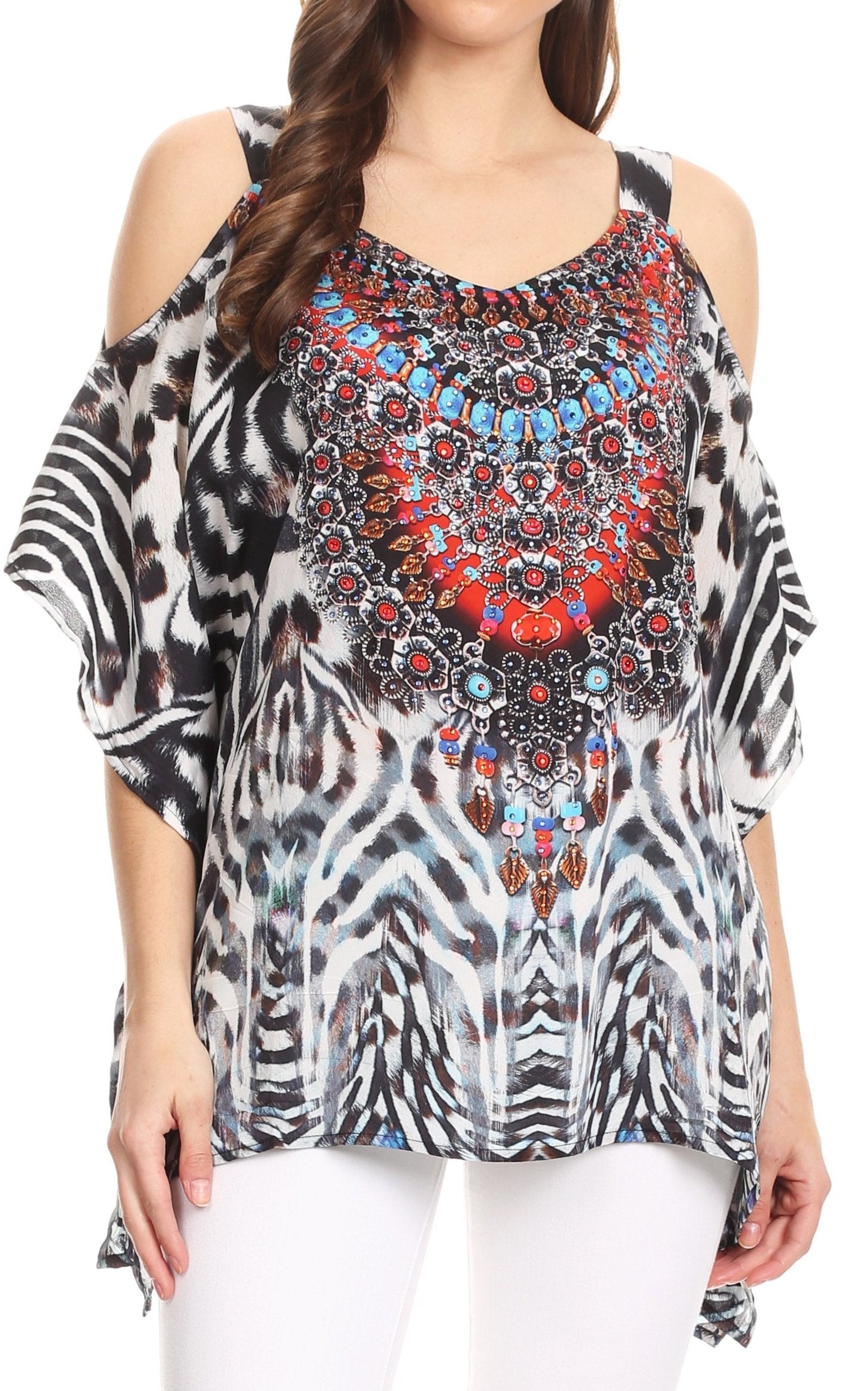 Sakkas Saanvi Printed Draped Short Sleeve Strap Cutout Shoulder V-Neck Kaftan Top - Concordia Style Boutique