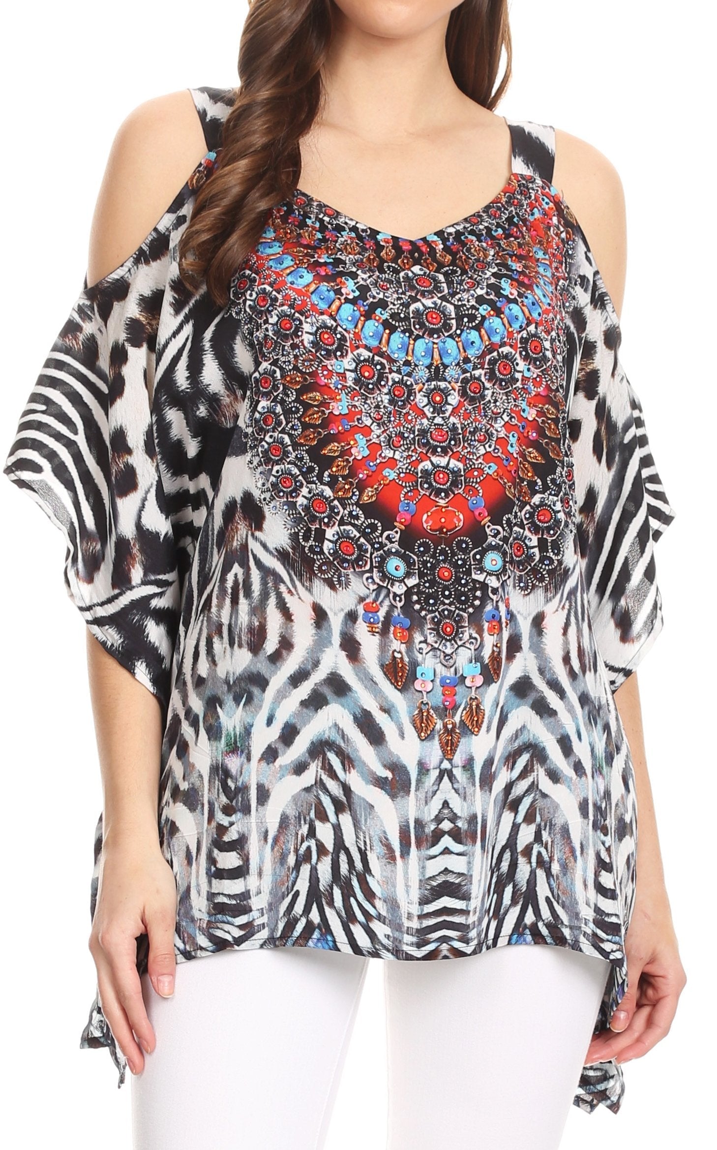 Sakkas Saanvi Printed Draped Short Sleeve Strap Cutout Shoulder V-Neck Kaftan Top - Concordia Style Boutique