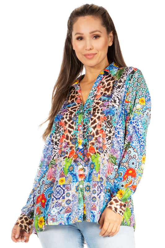Sakkas Iriss Women's Floral Casual Long Sleeve Boho Summer Blouse - Concordia Style Boutique