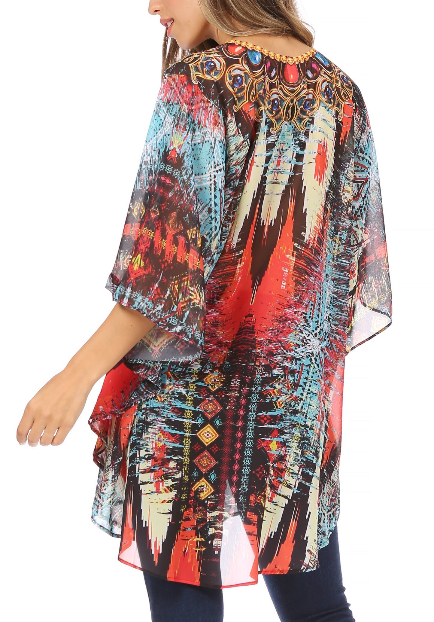 Sakkas Sloane Women's Printed V Neck Loose Fit Casual Circle Top Blouse with Ties - Concordia Style Boutique