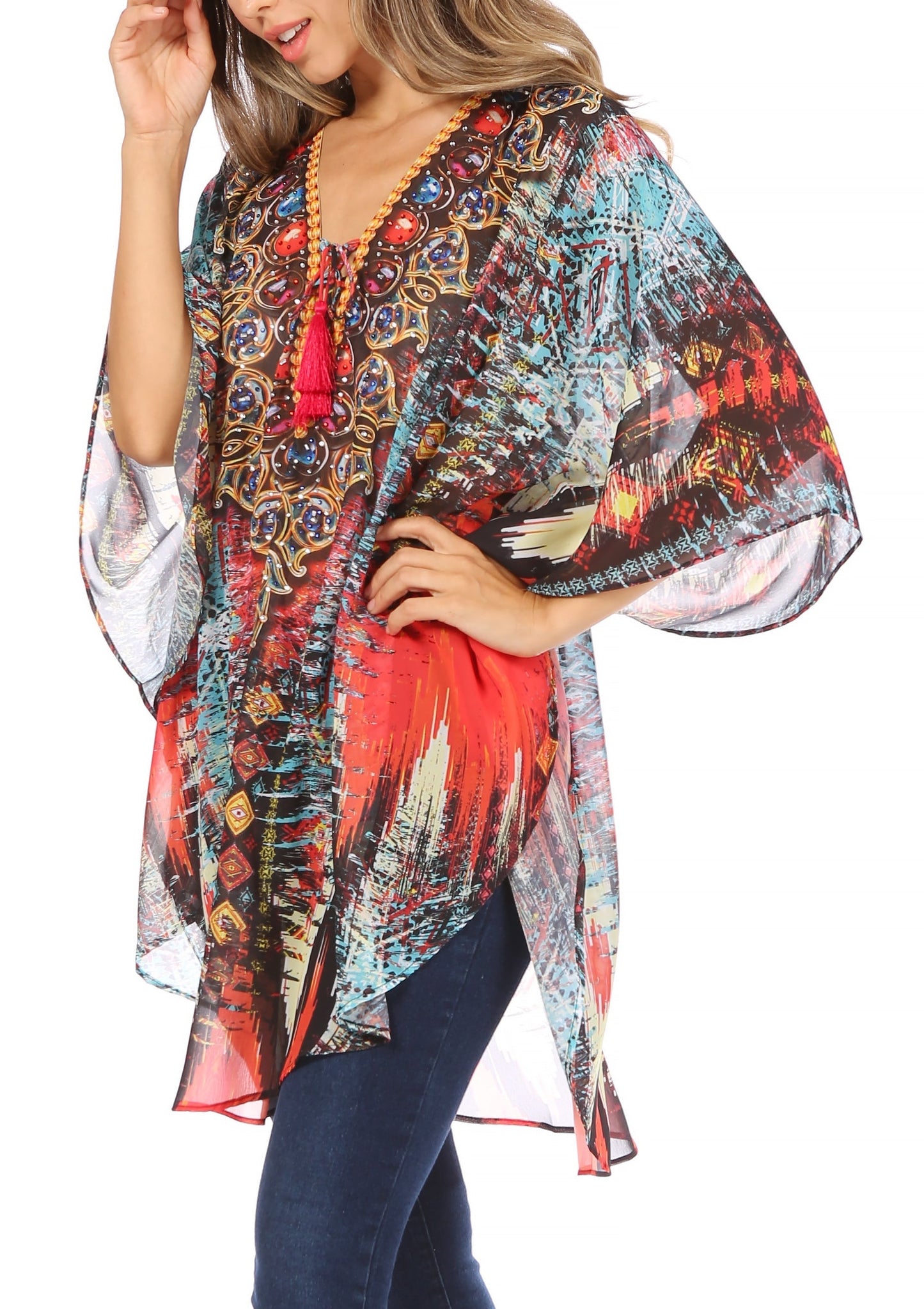 Sakkas Sloane Women's Printed V Neck Loose Fit Casual Circle Top Blouse with Ties - Concordia Style Boutique