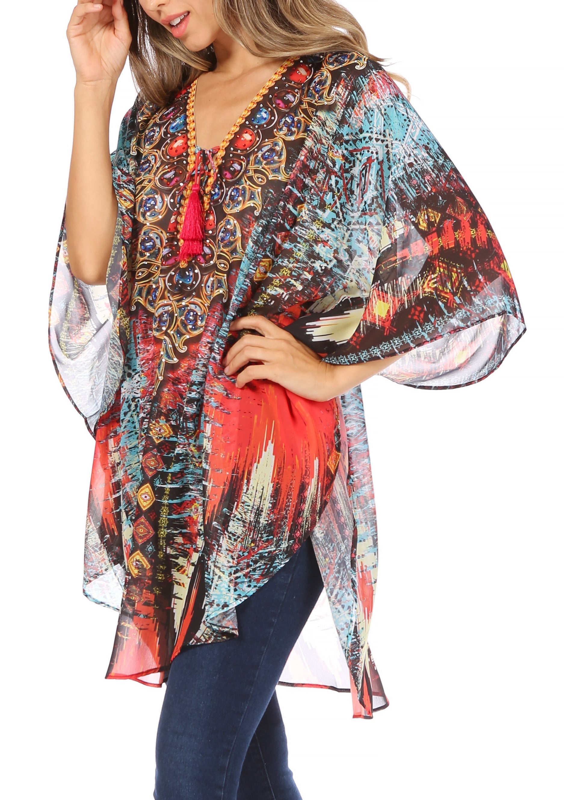 Sakkas Sloane Women's Printed V Neck Loose Fit Casual Circle Top Blouse with Ties - Concordia Style Boutique