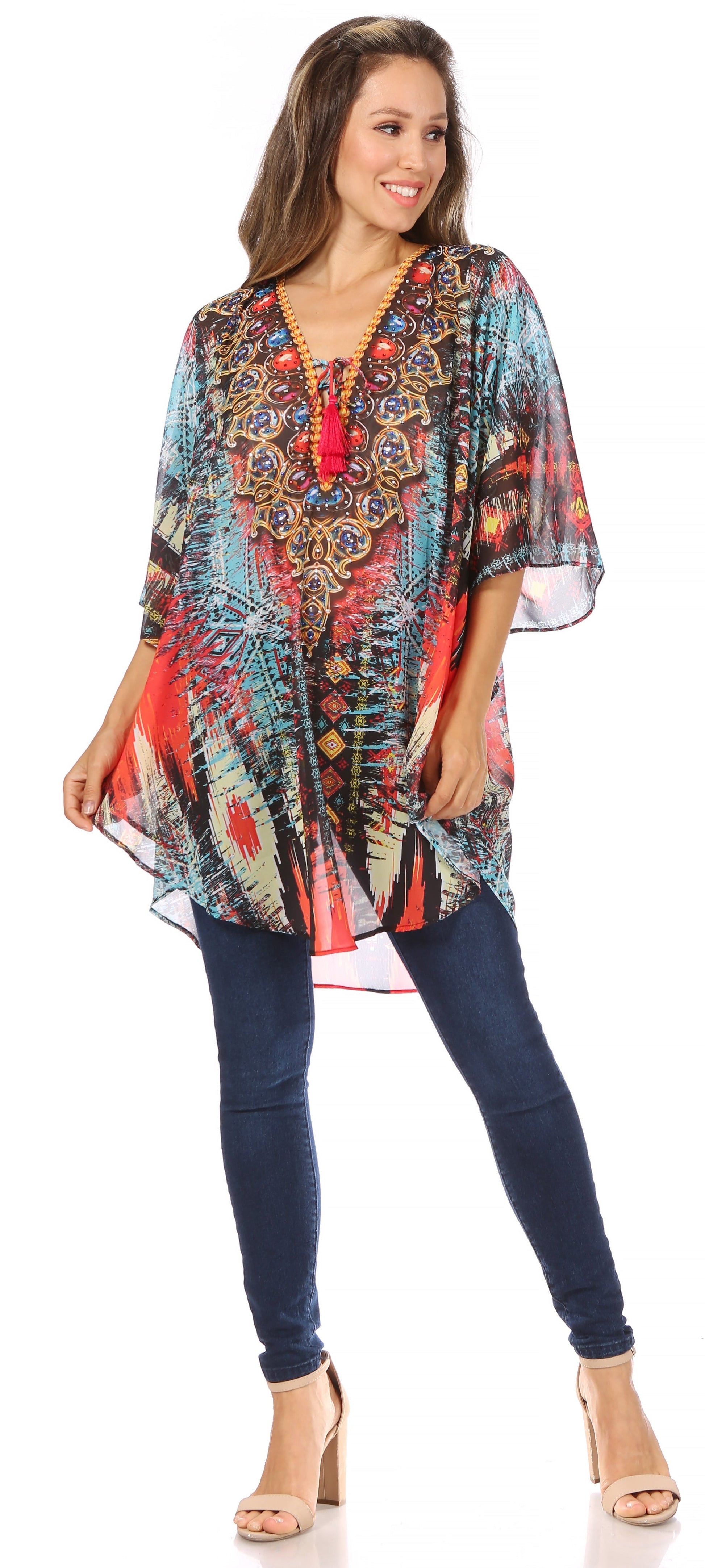 Sakkas Sloane Women's Printed V Neck Loose Fit Casual Circle Top Blouse with Ties - Concordia Style Boutique