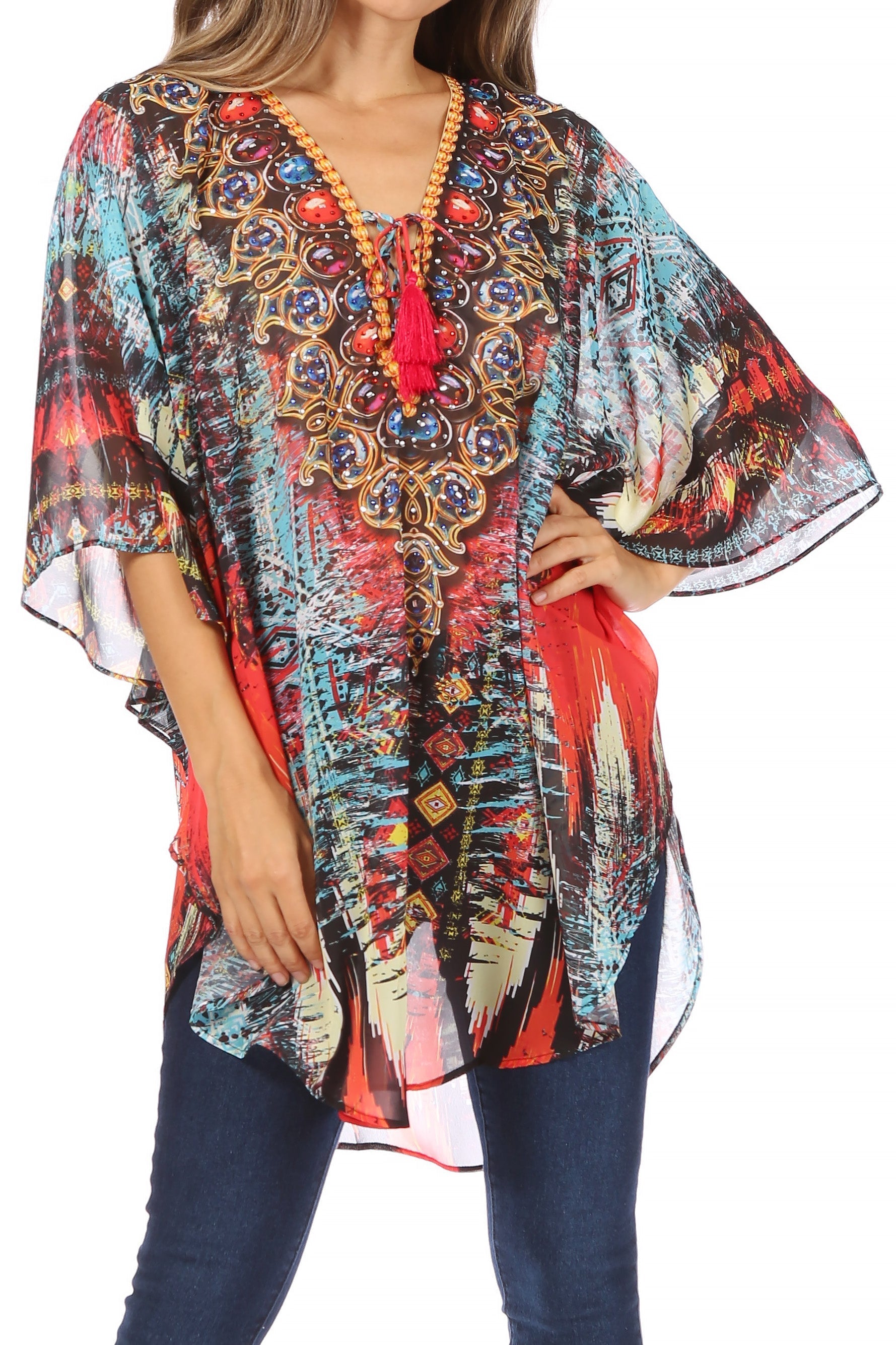 Sakkas Sloane Women's Printed V Neck Loose Fit Casual Circle Top Blouse with Ties - Concordia Style Boutique
