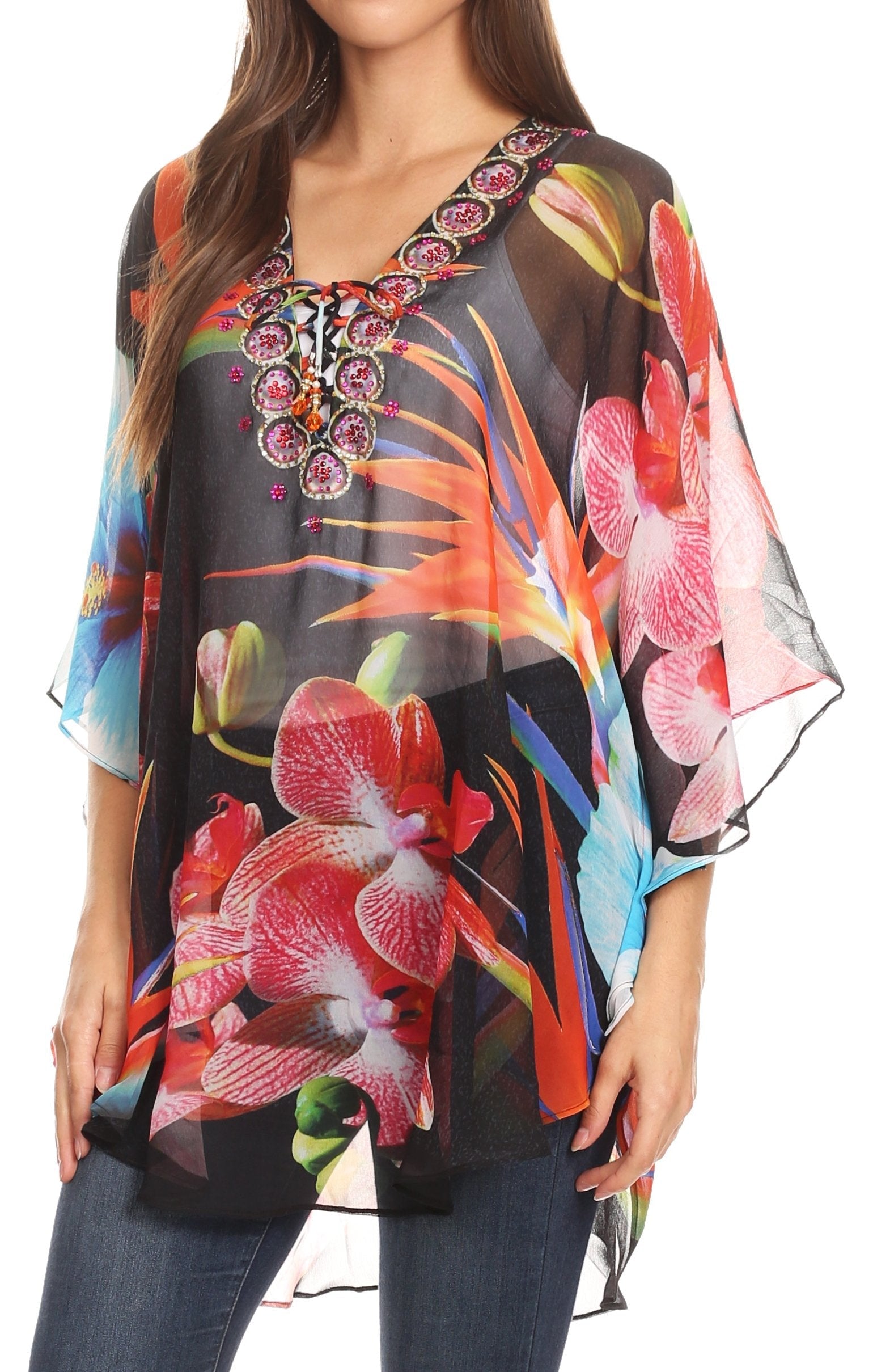 Sakkas Sloane Women's Printed V Neck Loose Fit Casual Circle Top Blouse with Ties - Concordia Style Boutique