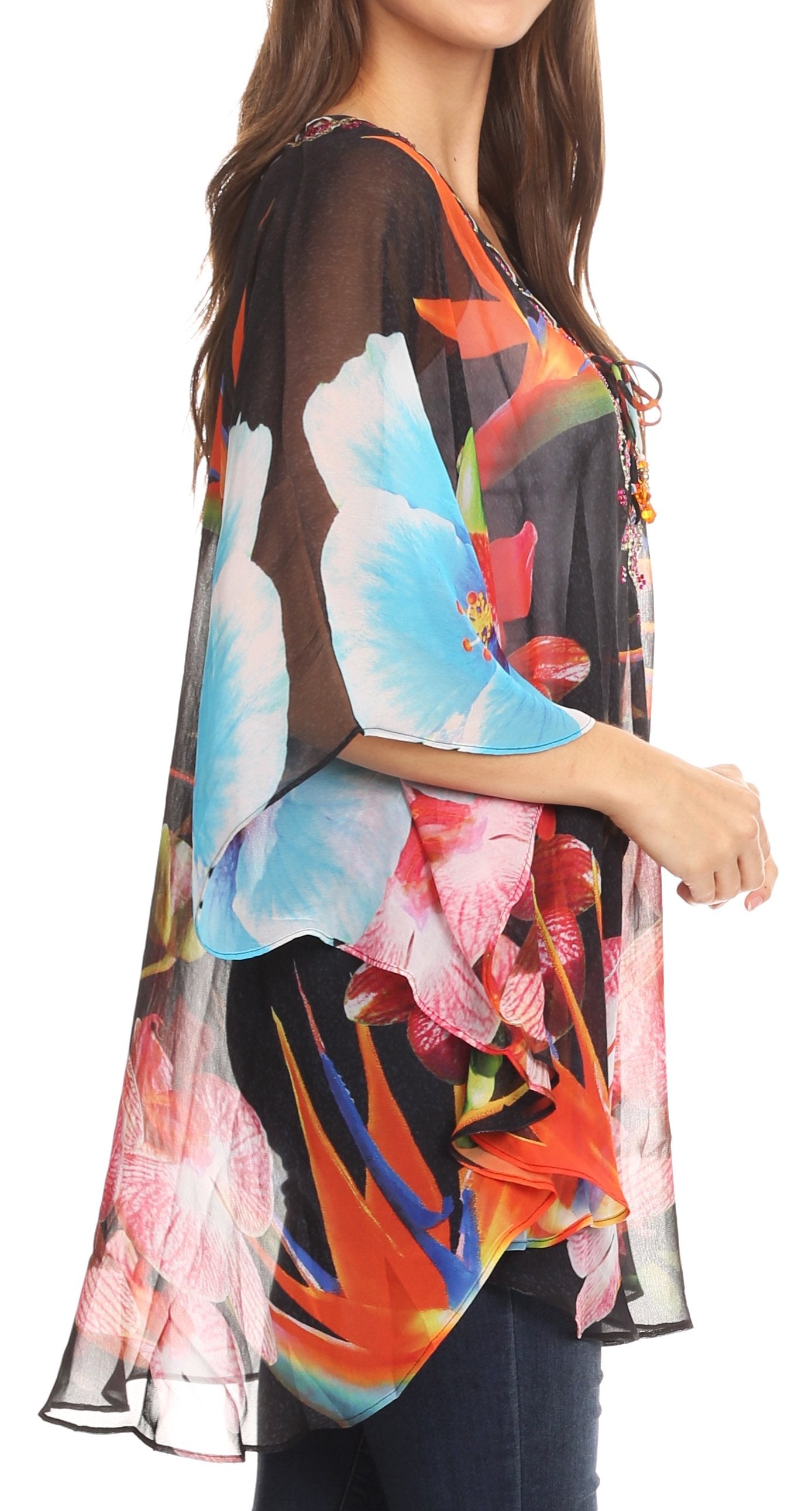Sakkas Sloane Women's Printed V Neck Loose Fit Casual Circle Top Blouse with Ties - Concordia Style Boutique