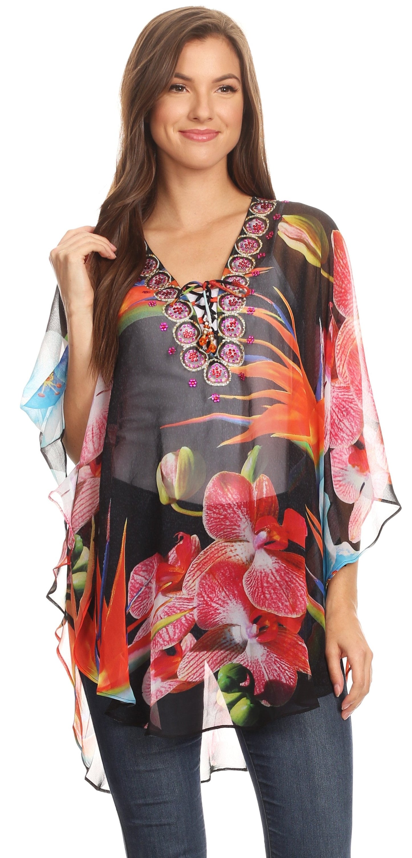 Sakkas Sloane Women's Printed V Neck Loose Fit Casual Circle Top Blouse with Ties - Concordia Style Boutique
