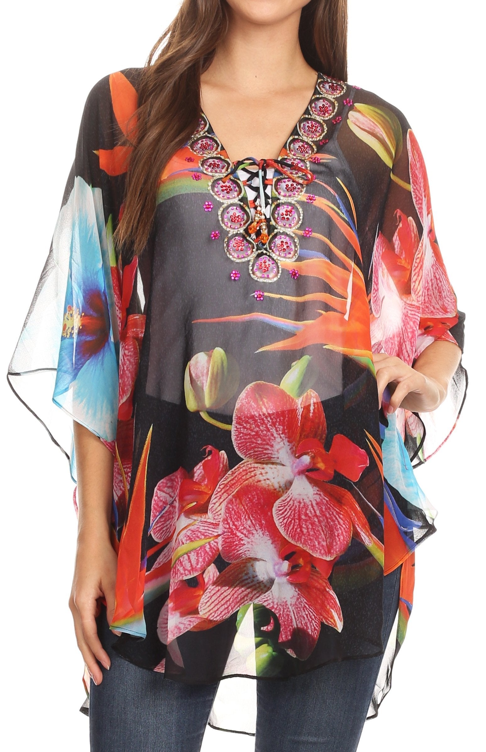 Sakkas Sloane Women's Printed V Neck Loose Fit Casual Circle Top Blouse with Ties - Concordia Style Boutique