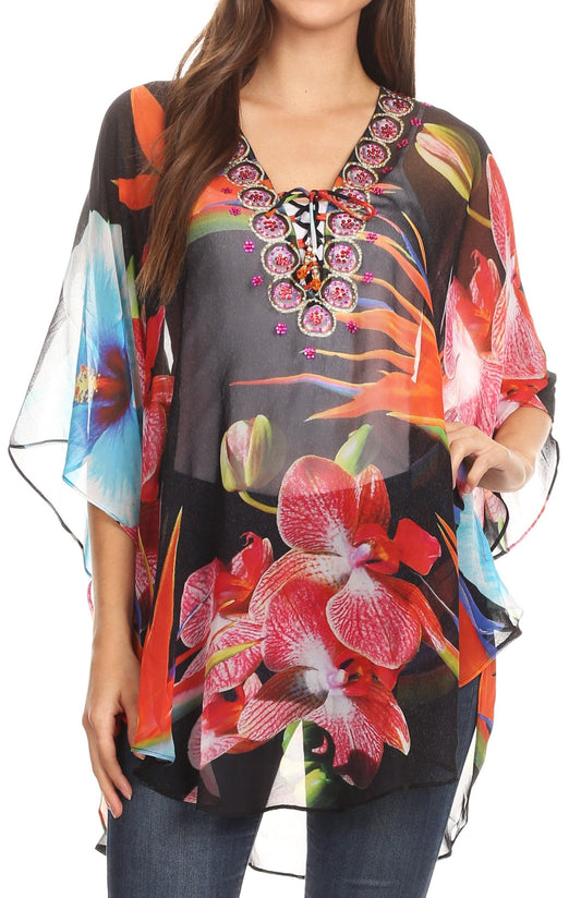 Sakkas Sloane Women's Printed V Neck Loose Fit Casual Circle Top Blouse with Ties - Concordia Style Boutique