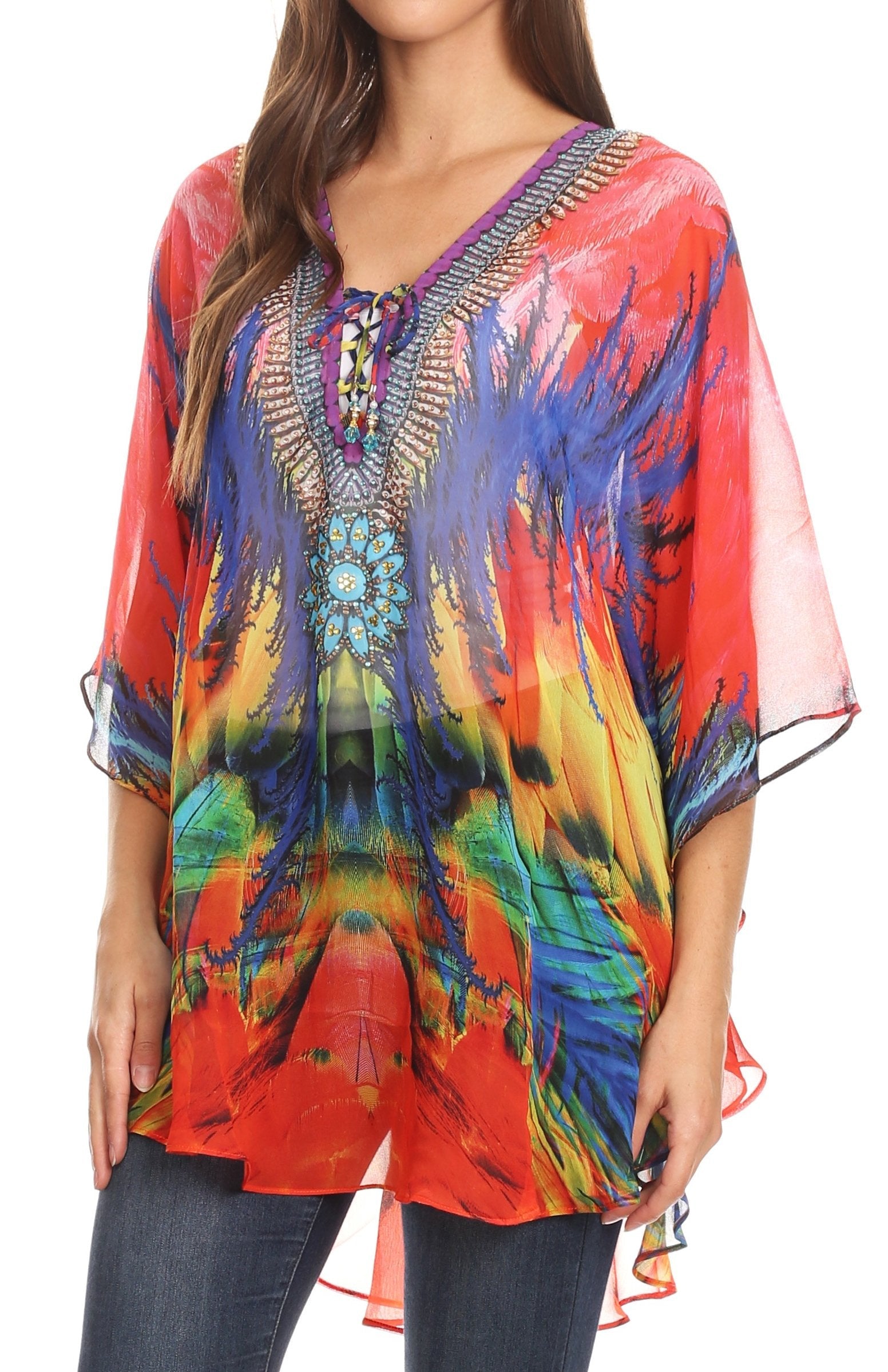 Sakkas Sloane Women's Printed V Neck Loose Fit Casual Circle Top Blouse with Ties - Concordia Style Boutique