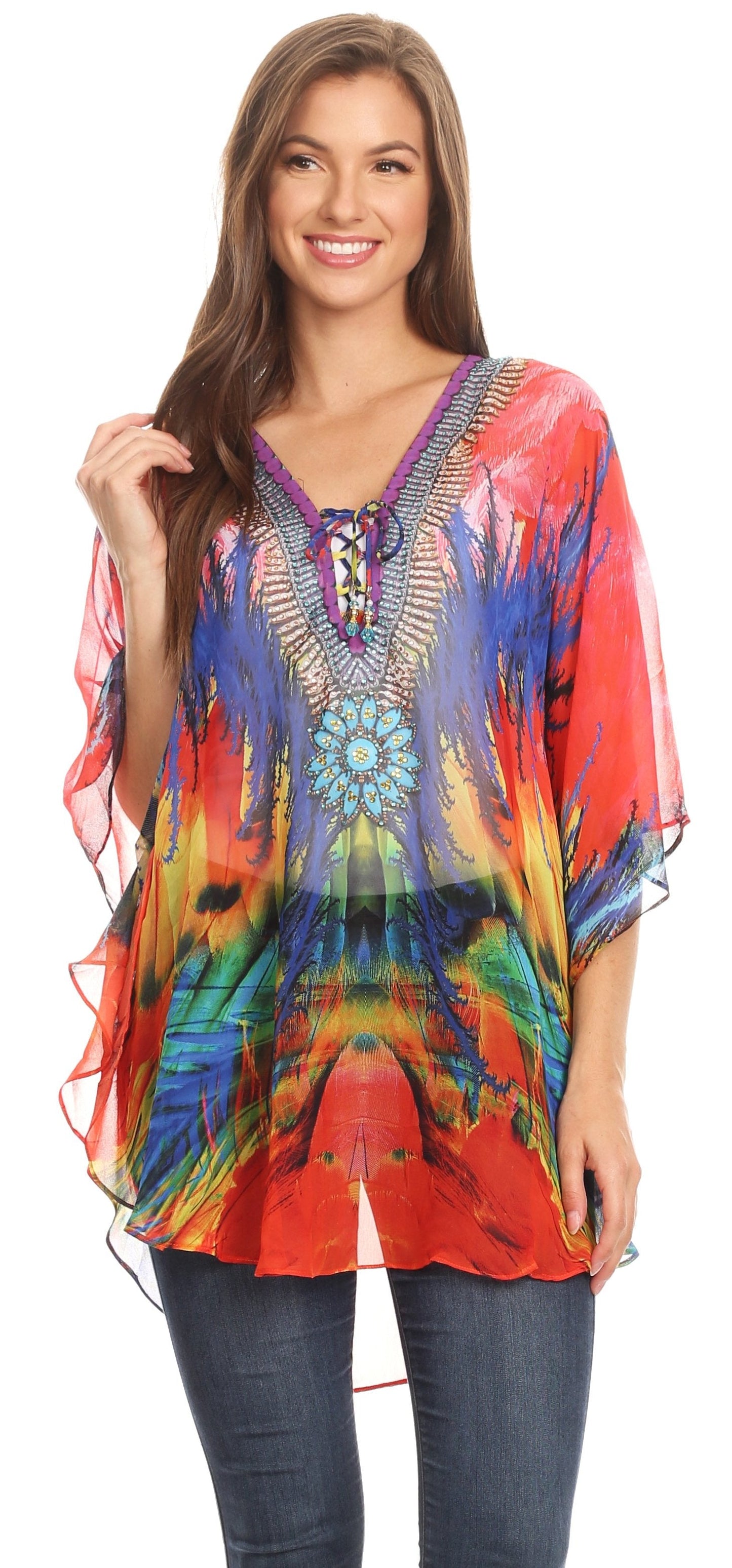 Sakkas Sloane Women's Printed V Neck Loose Fit Casual Circle Top Blouse with Ties - Concordia Style Boutique