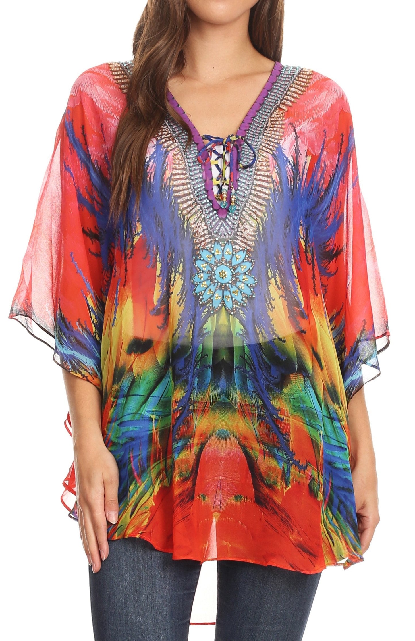 Sakkas Sloane Women's Printed V Neck Loose Fit Casual Circle Top Blouse with Ties - Concordia Style Boutique