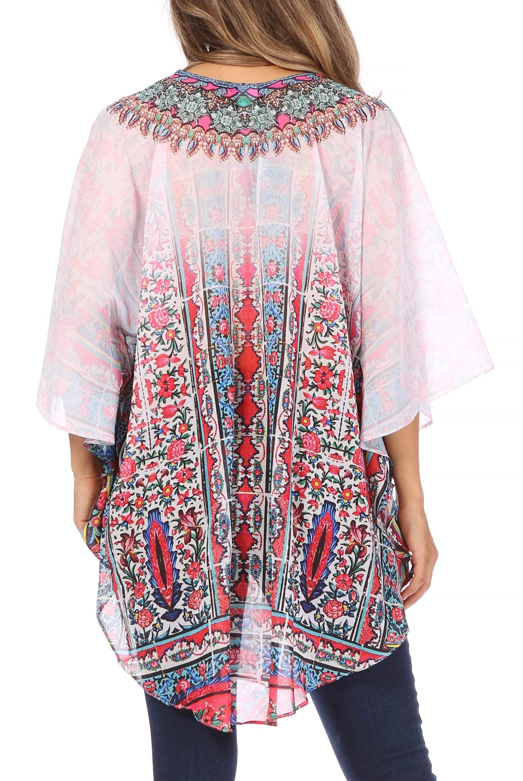 Sakkas Sloane Women's Printed V Neck Loose Fit Casual Circle Top Blouse with Ties - Concordia Style Boutique