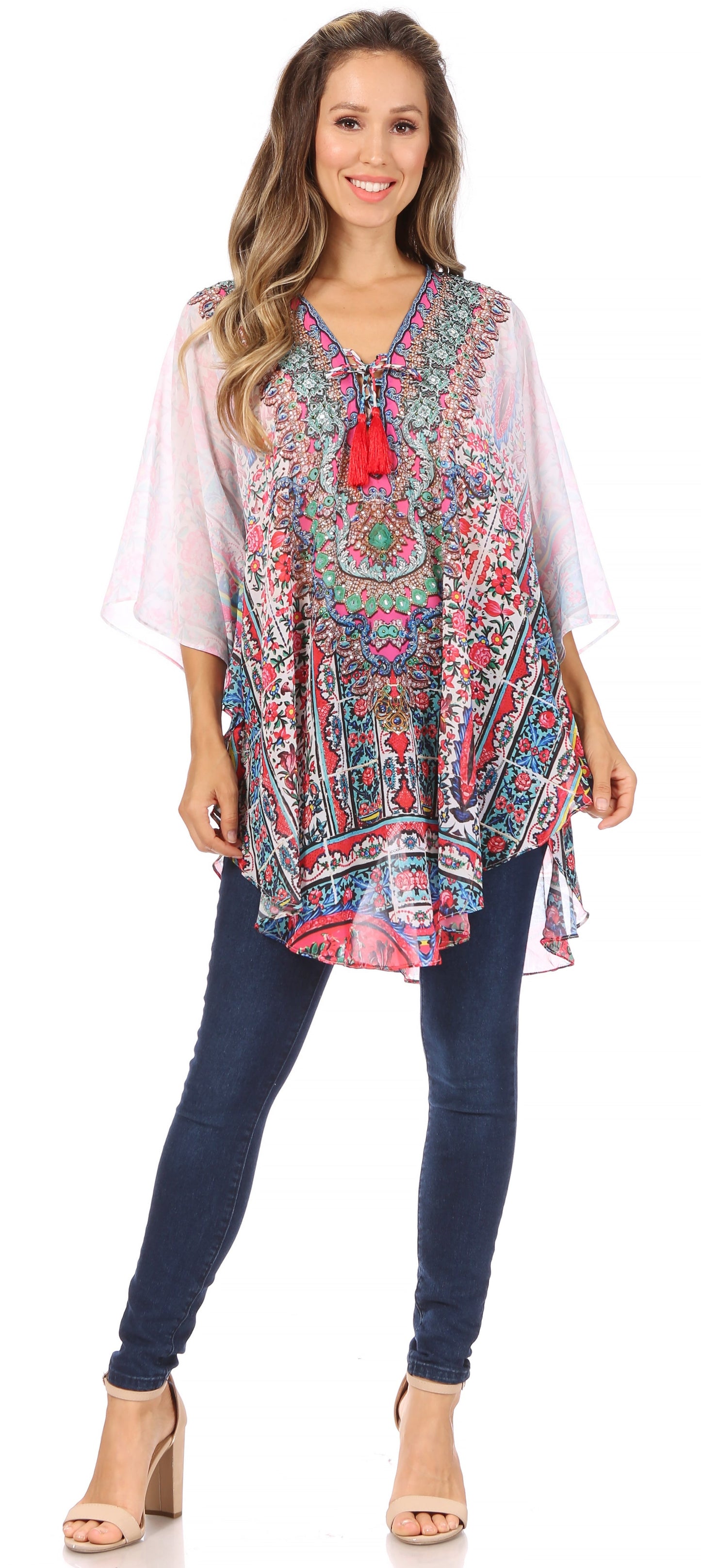Sakkas Sloane Women's Printed V Neck Loose Fit Casual Circle Top Blouse with Ties - Concordia Style Boutique