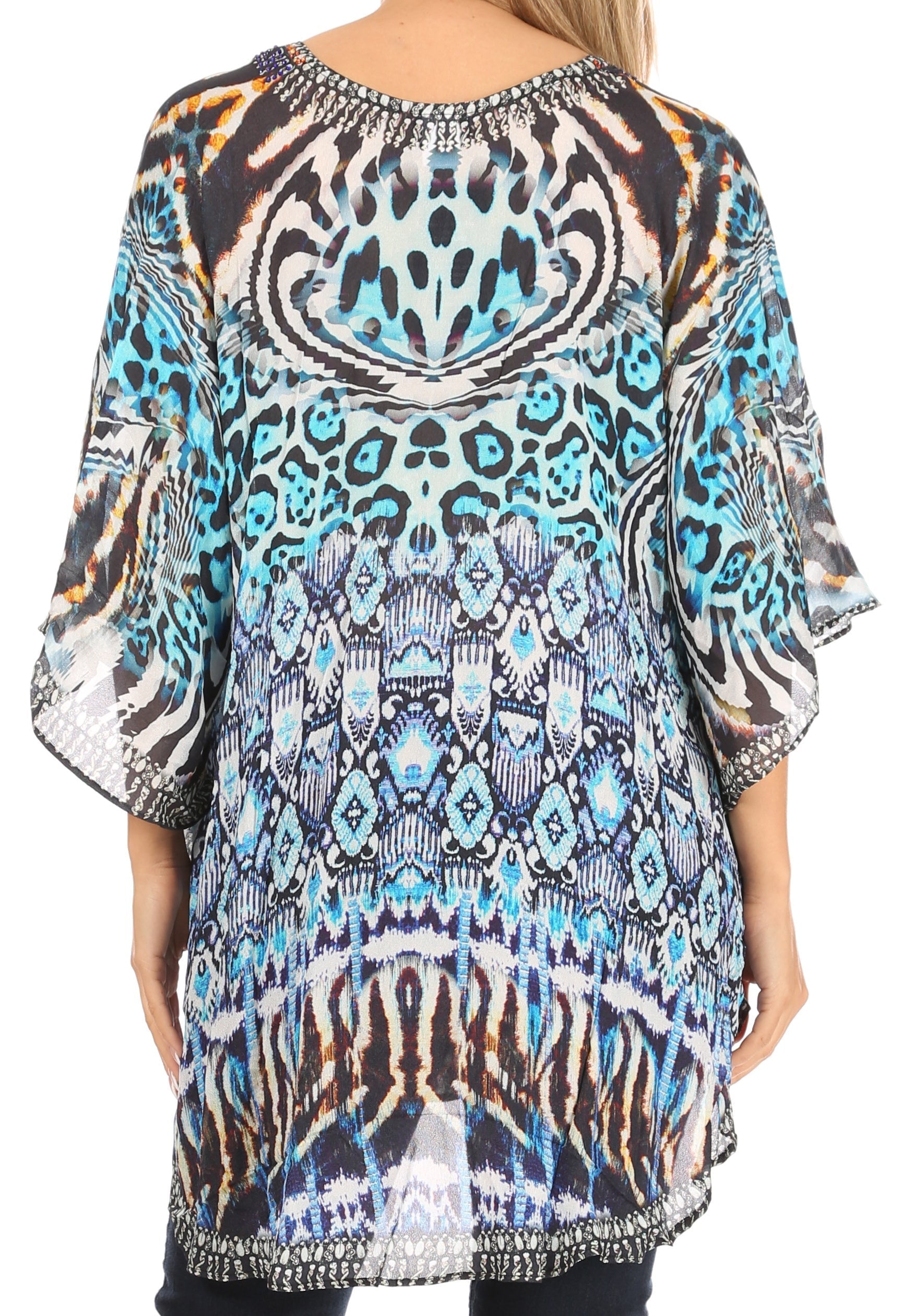 Sakkas Sloane Women's Printed V Neck Loose Fit Casual Circle Top Blouse with Ties - Concordia Style Boutique