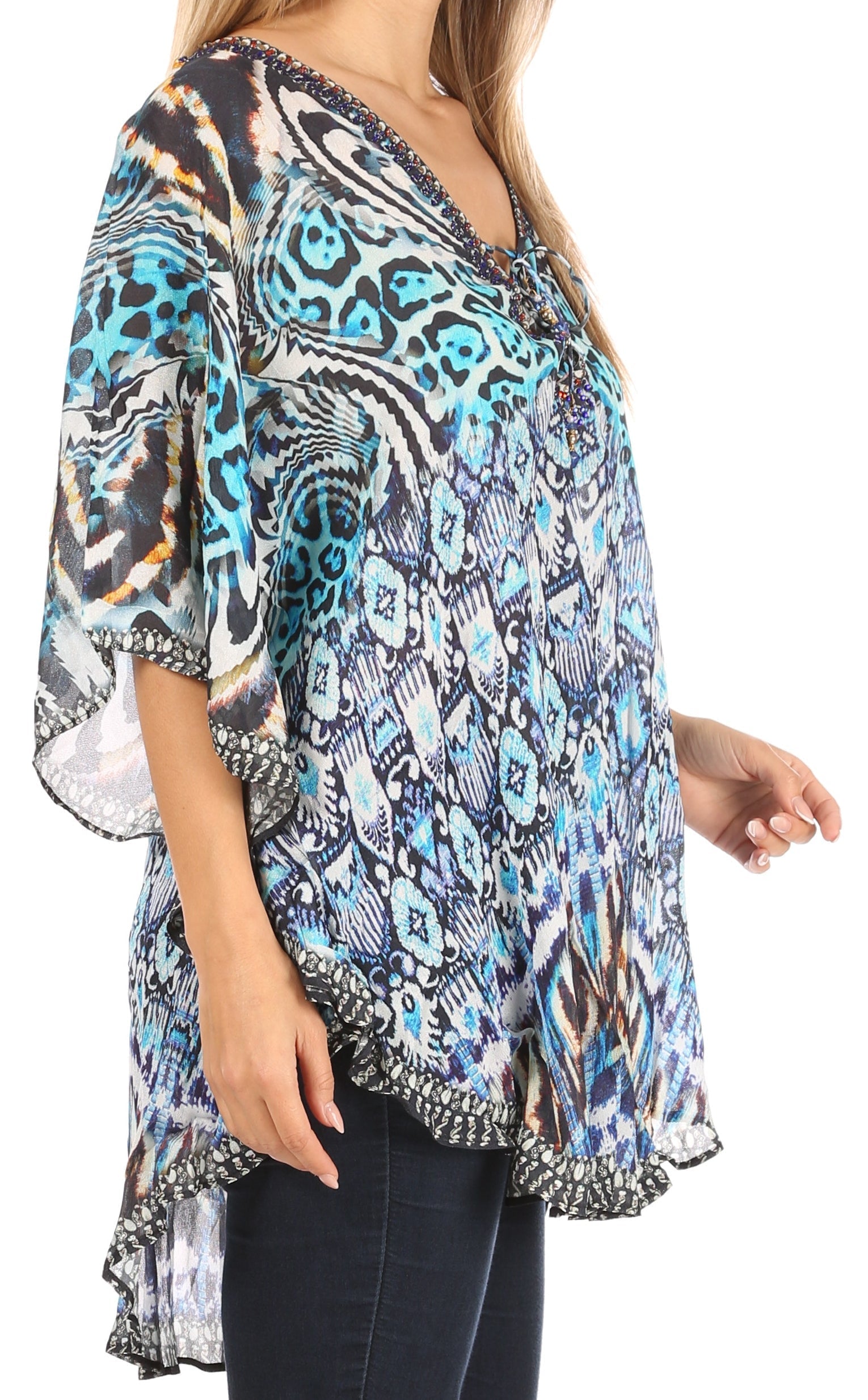 Sakkas Sloane Women's Printed V Neck Loose Fit Casual Circle Top Blouse with Ties - Concordia Style Boutique