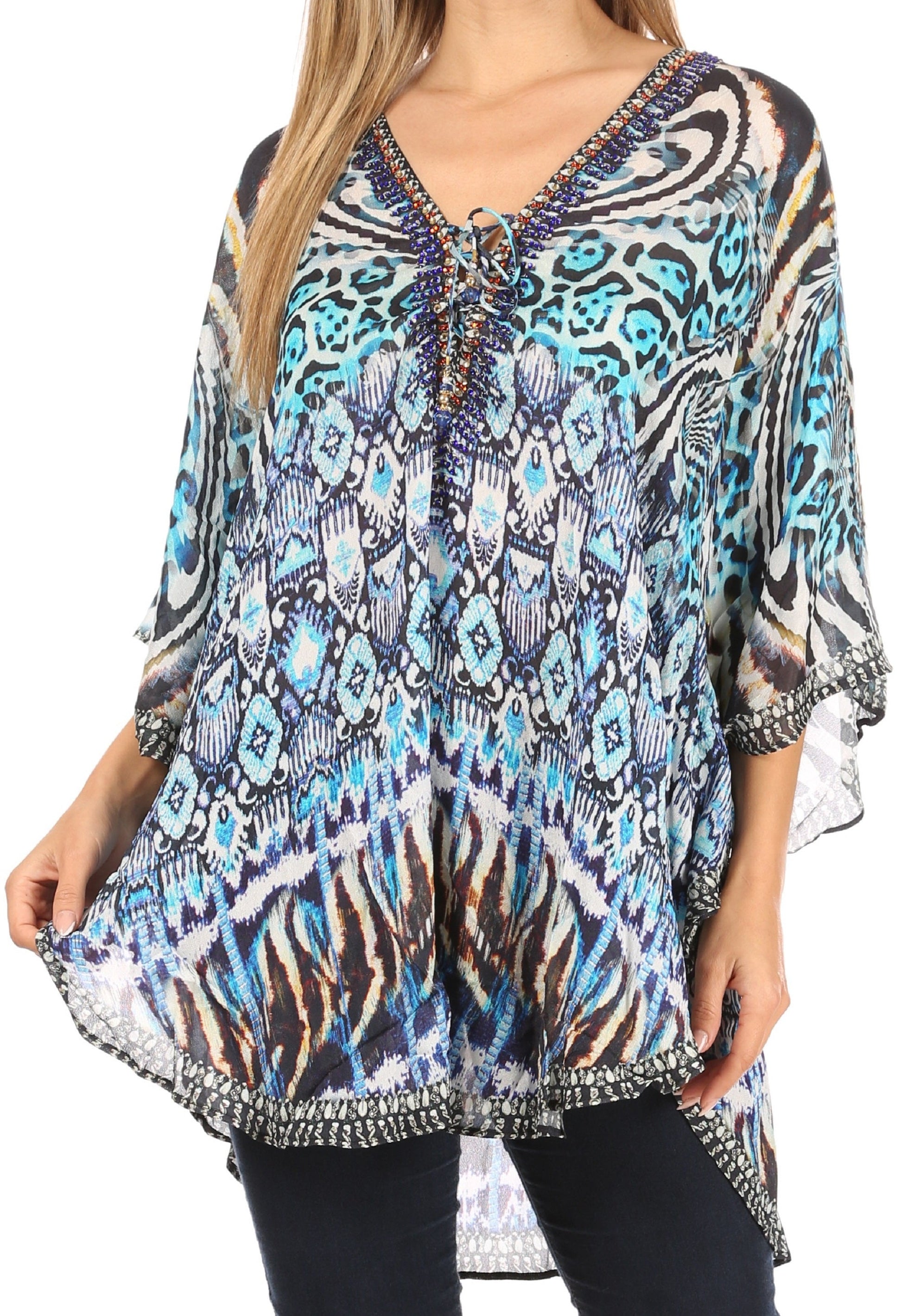 Sakkas Sloane Women's Printed V Neck Loose Fit Casual Circle Top Blouse with Ties - Concordia Style Boutique
