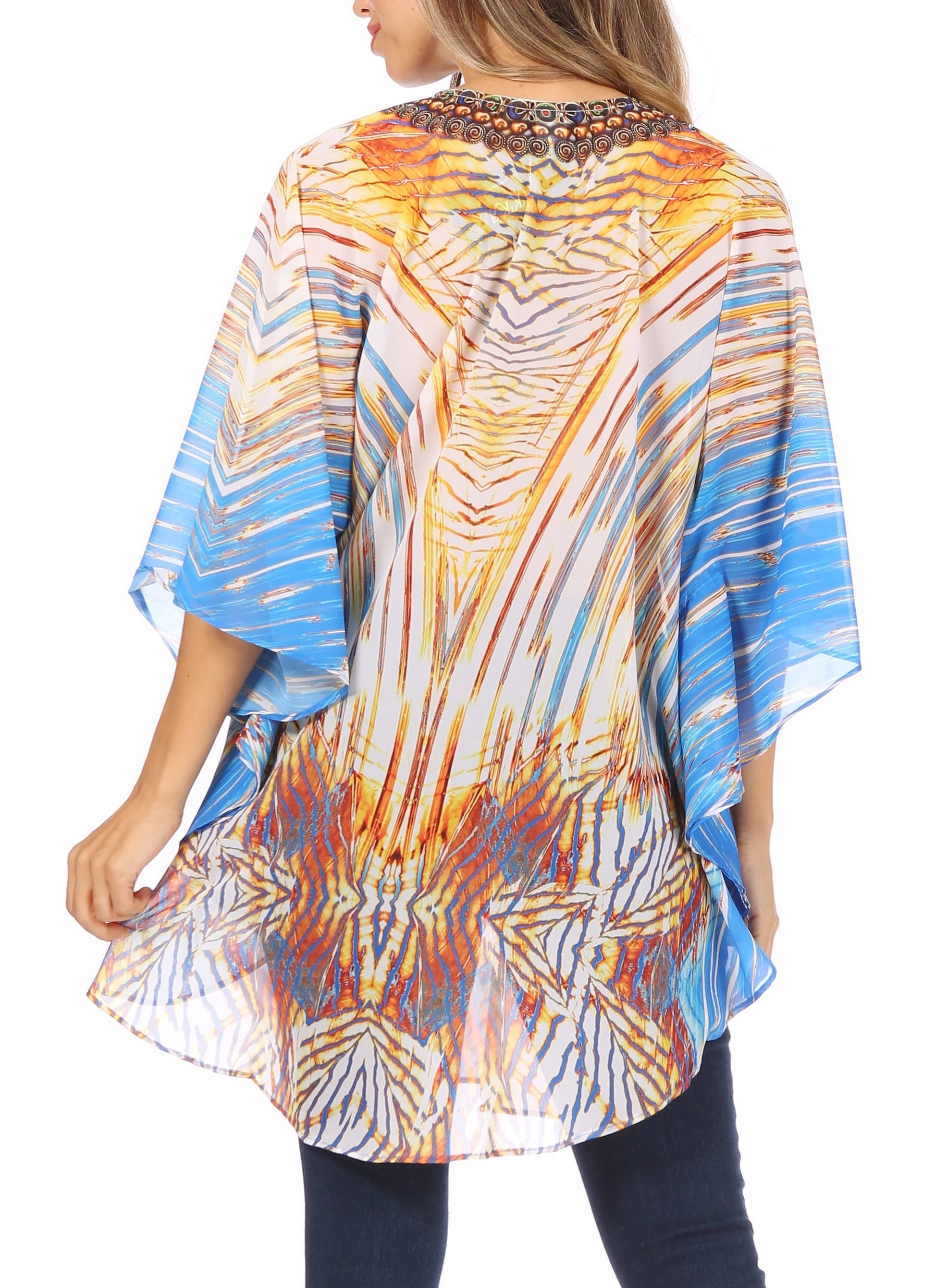 Sakkas Sloane Women's Printed V Neck Loose Fit Casual Circle Top Blouse with Ties - Concordia Style Boutique