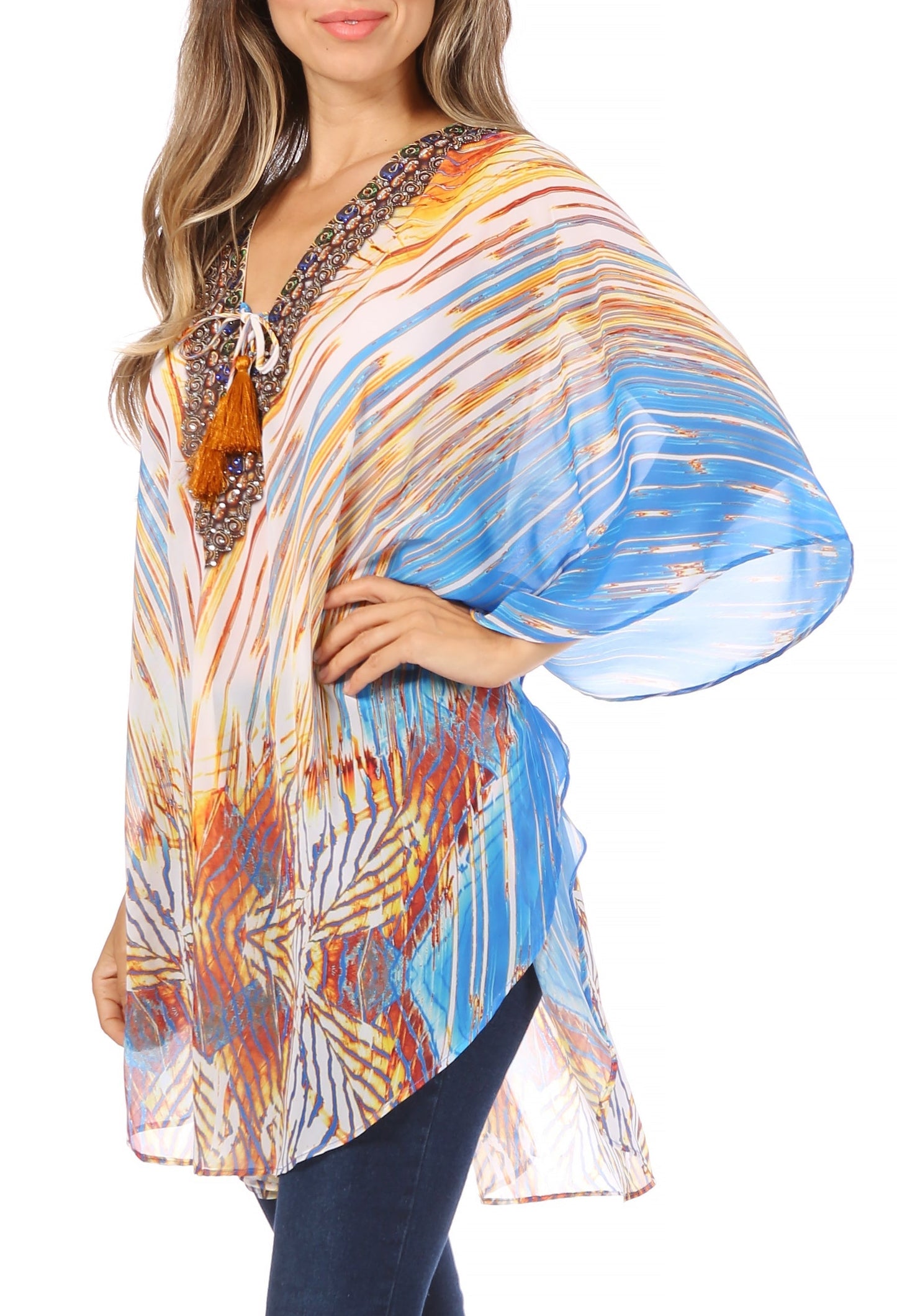 Sakkas Sloane Women's Printed V Neck Loose Fit Casual Circle Top Blouse with Ties - Concordia Style Boutique