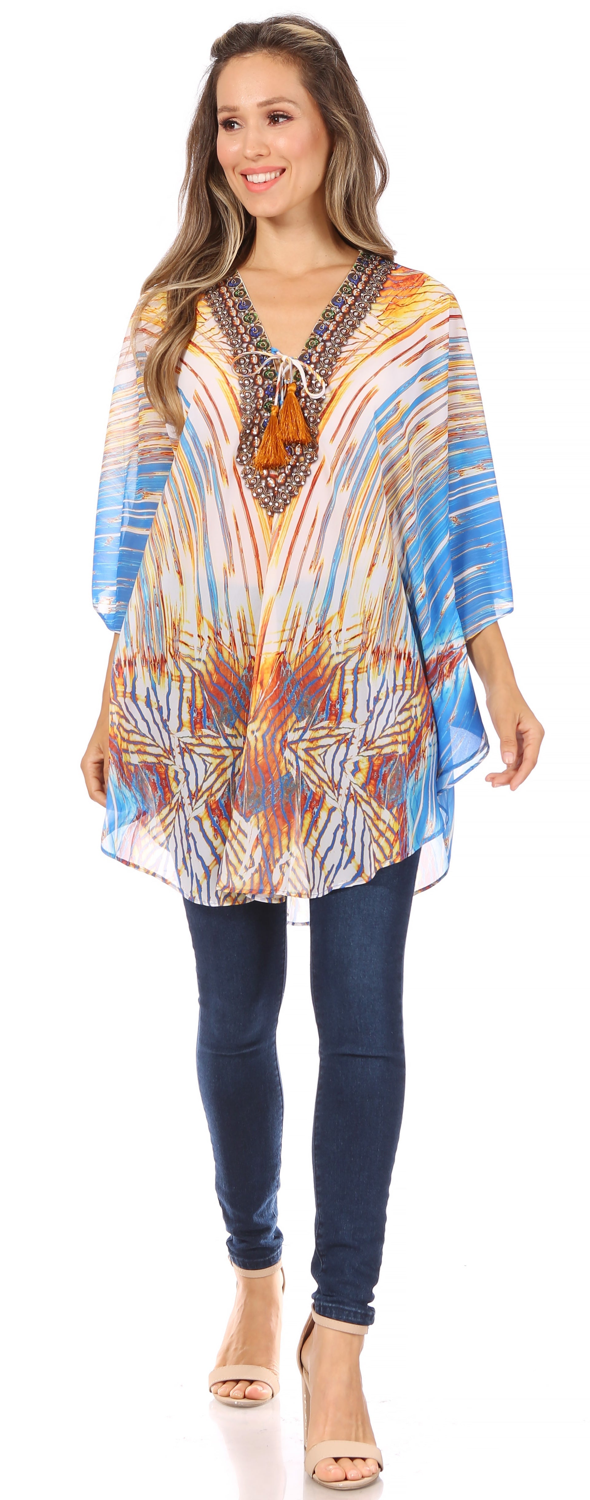 Sakkas Sloane Women's Printed V Neck Loose Fit Casual Circle Top Blouse with Ties - Concordia Style Boutique