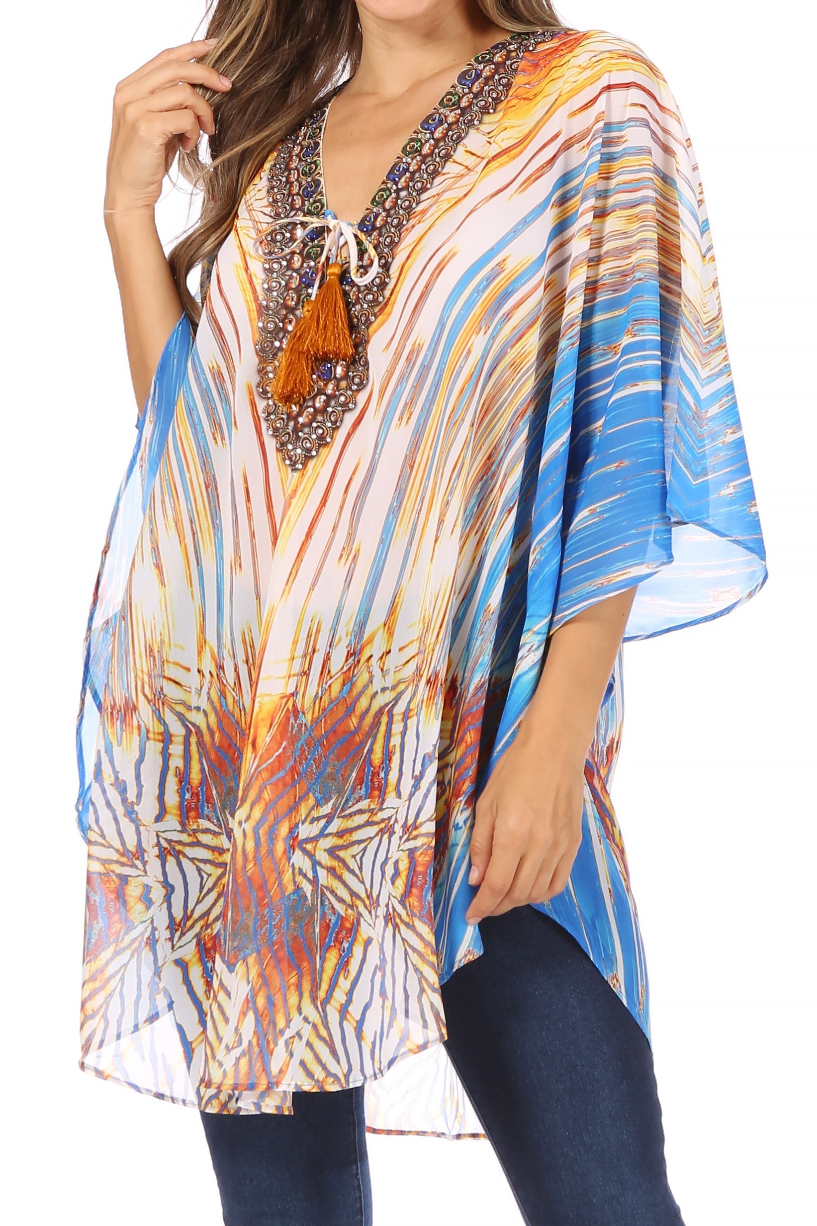 Sakkas Sloane Women's Printed V Neck Loose Fit Casual Circle Top Blouse with Ties - Concordia Style Boutique