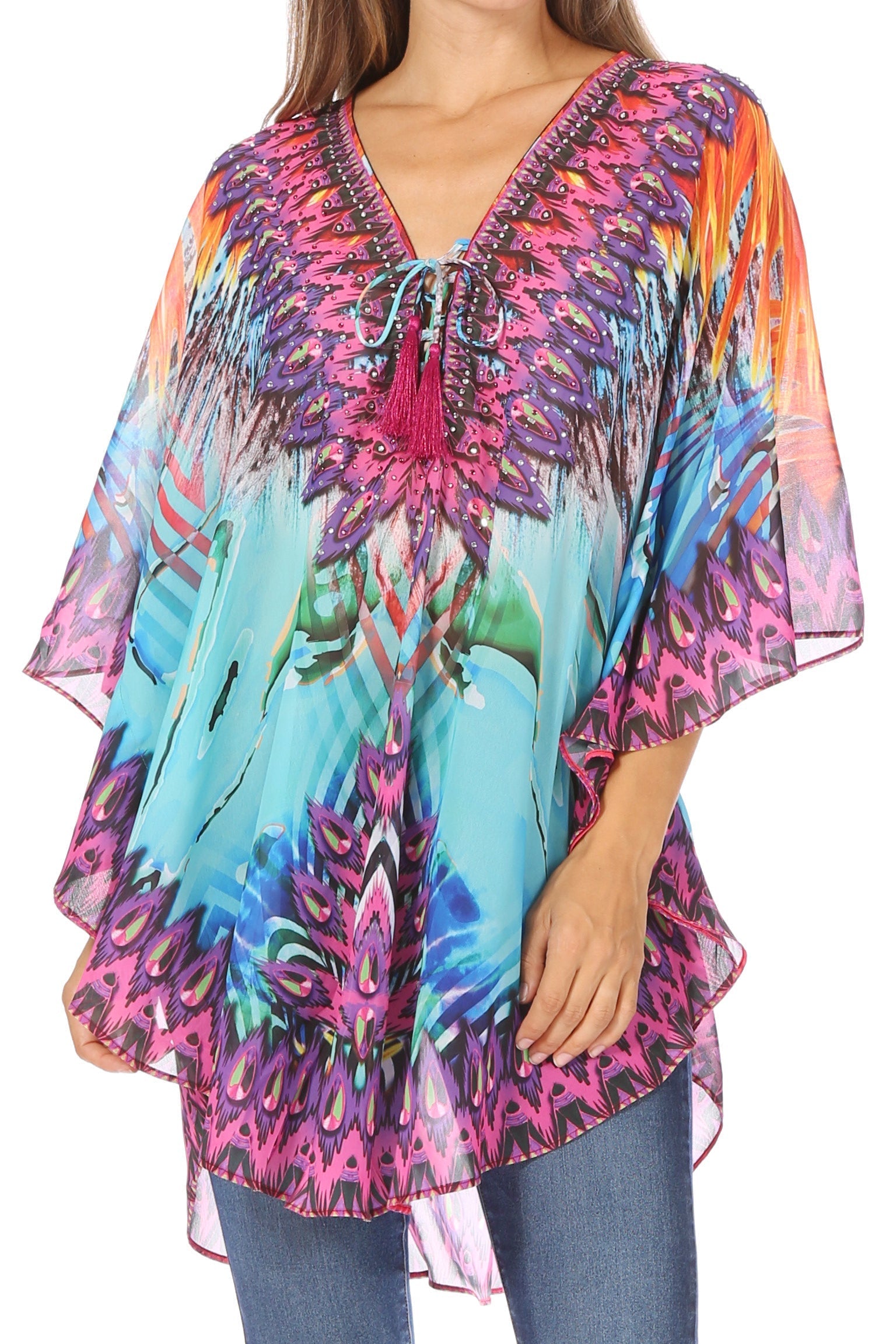 Sakkas Sloane Women's Printed V Neck Loose Fit Casual Circle Top Blouse with Ties - Concordia Style Boutique