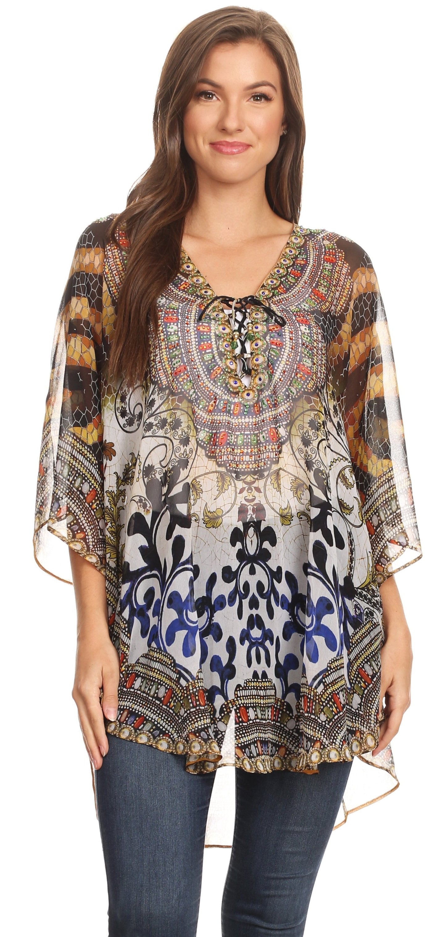 Sakkas Sloane Women's Printed V Neck Loose Fit Casual Circle Top Blouse with Ties - Concordia Style Boutique