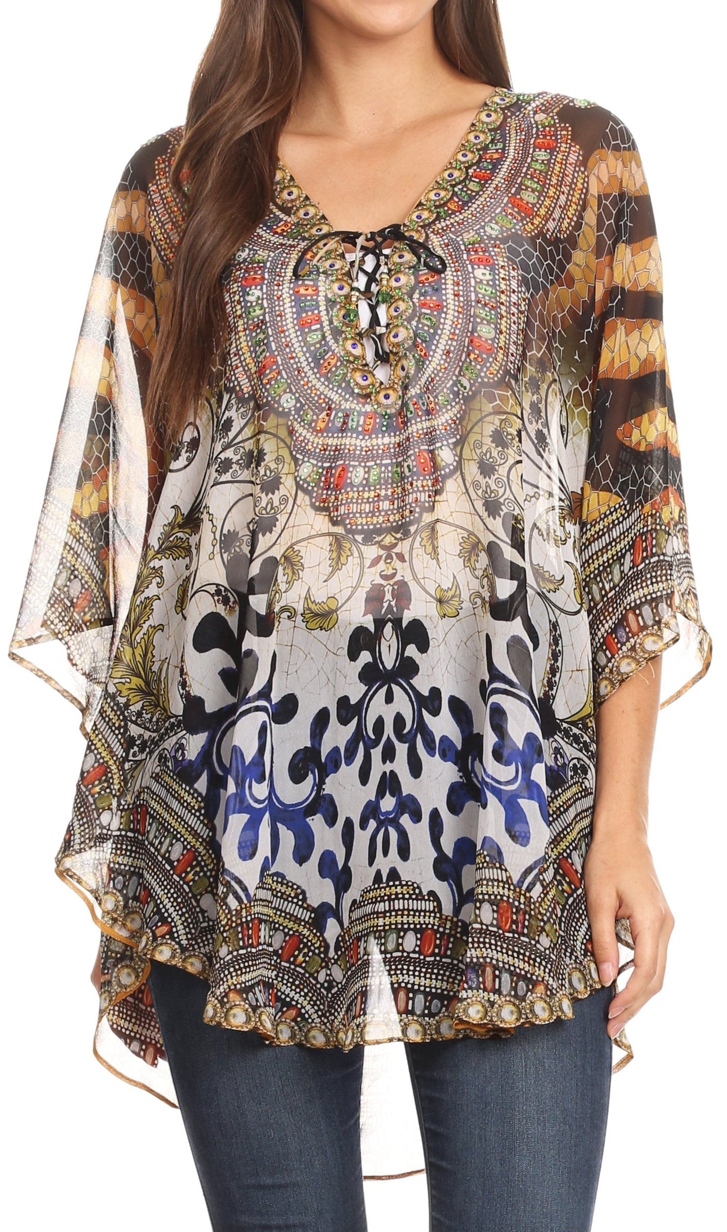 Sakkas Sloane Women's Printed V Neck Loose Fit Casual Circle Top Blouse with Ties - Concordia Style Boutique