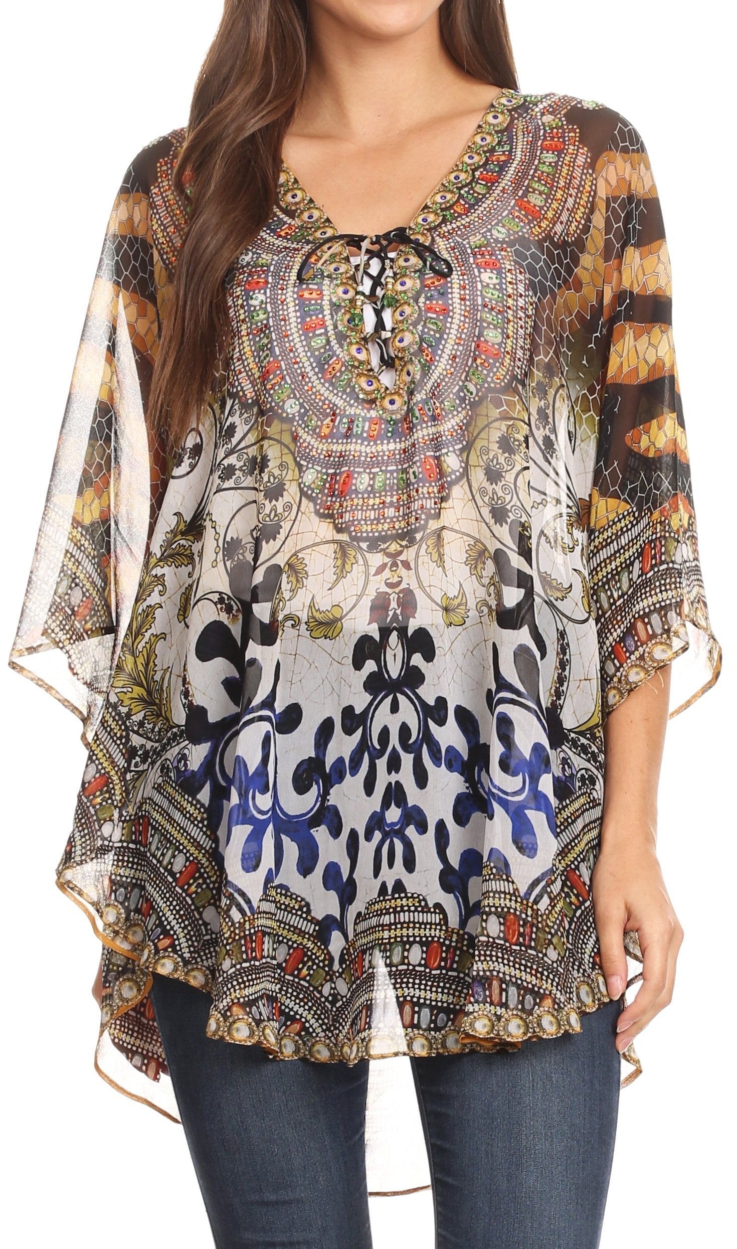 Sakkas Sloane Women's Printed V Neck Loose Fit Casual Circle Top Blouse with Ties - Concordia Style Boutique
