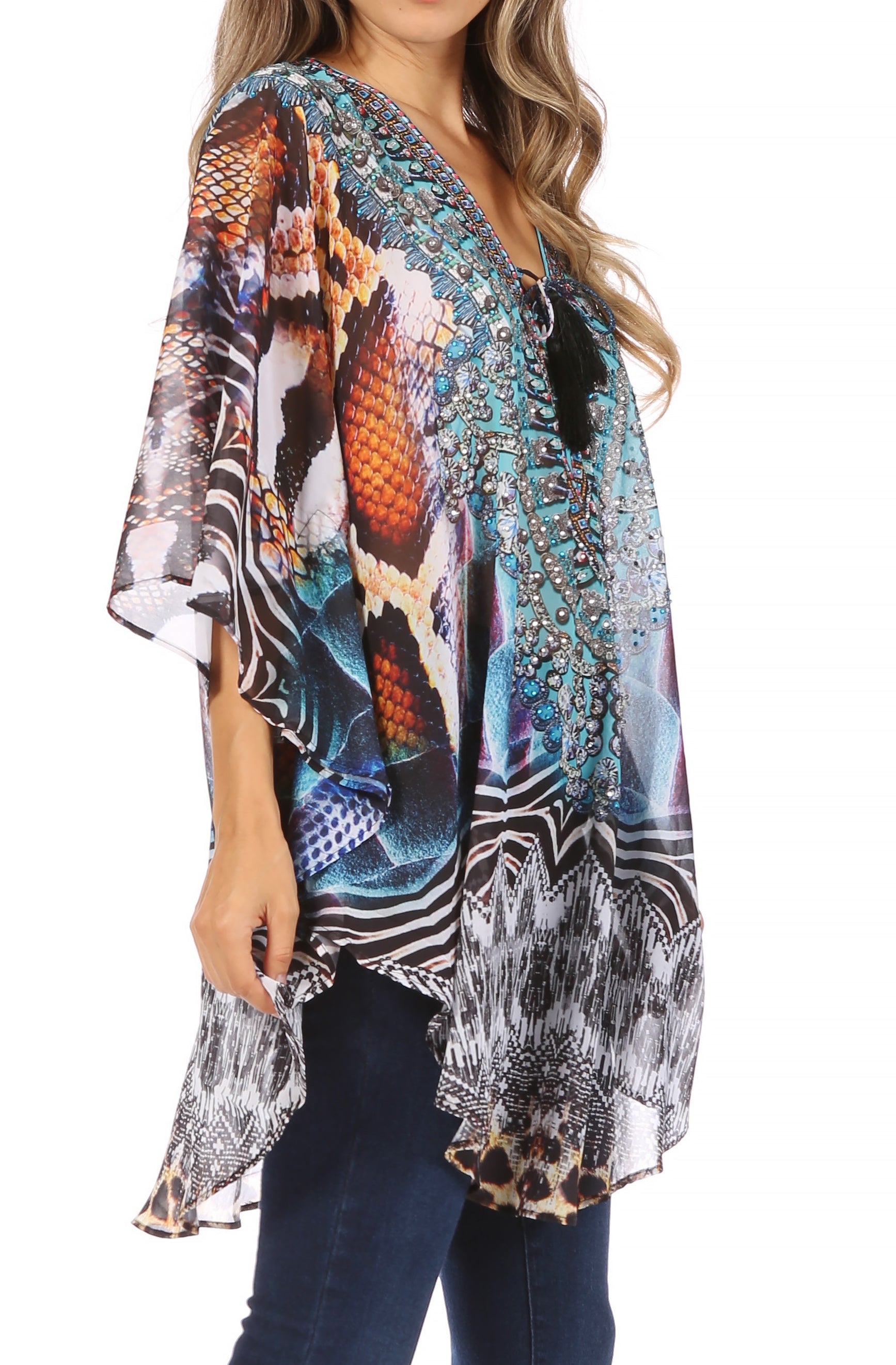 Sakkas Sloane Women's Printed V Neck Loose Fit Casual Circle Top Blouse with Ties - Concordia Style Boutique