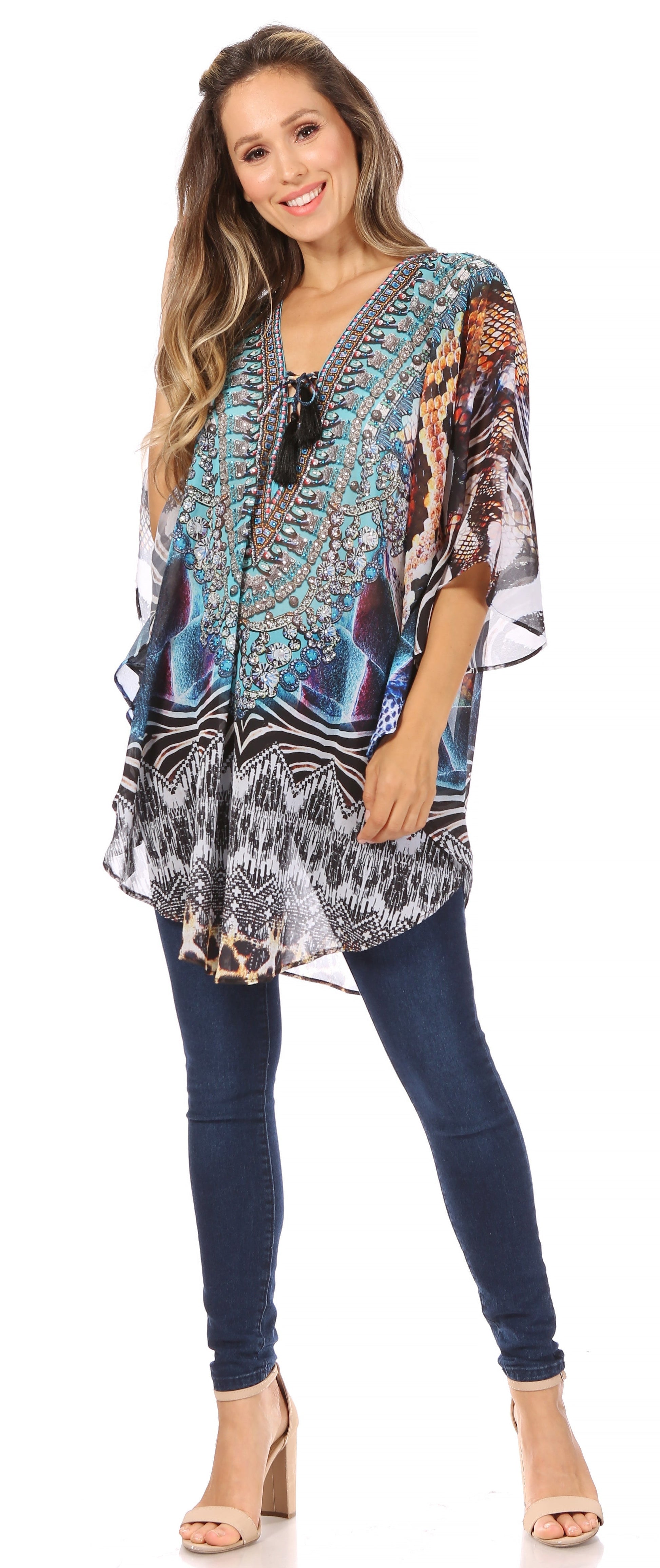 Sakkas Sloane Women's Printed V Neck Loose Fit Casual Circle Top Blouse with Ties - Concordia Style Boutique