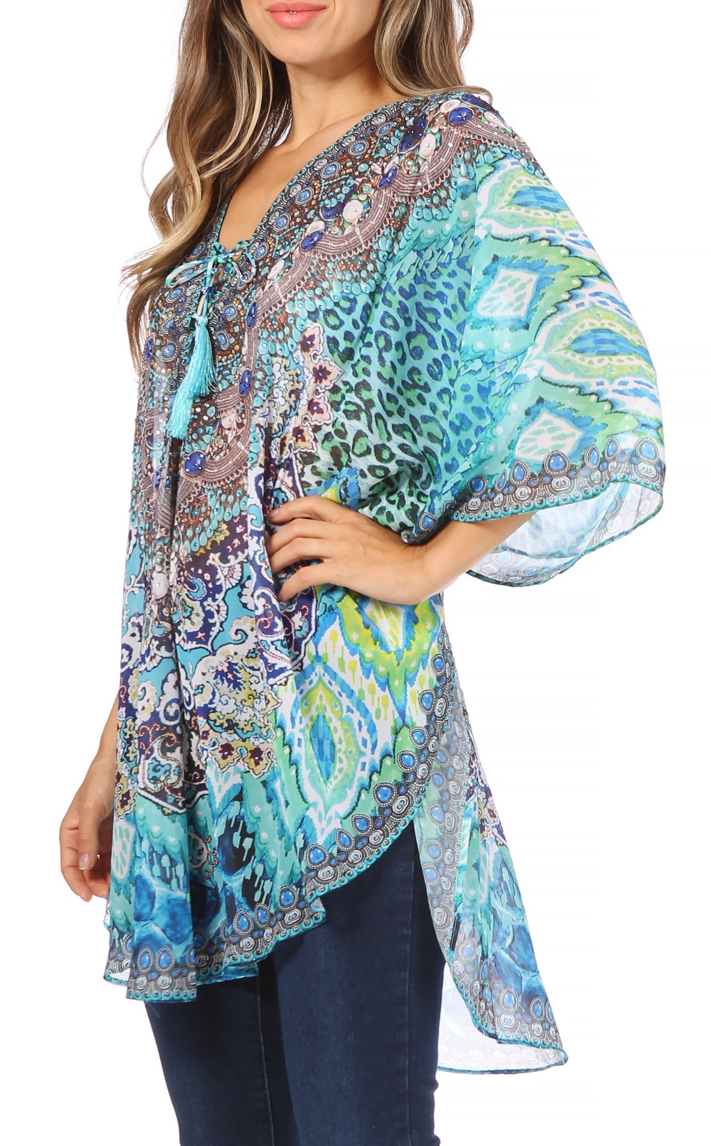 Sakkas Sloane Women's Printed V Neck Loose Fit Casual Circle Top Blouse with Ties - Concordia Style Boutique