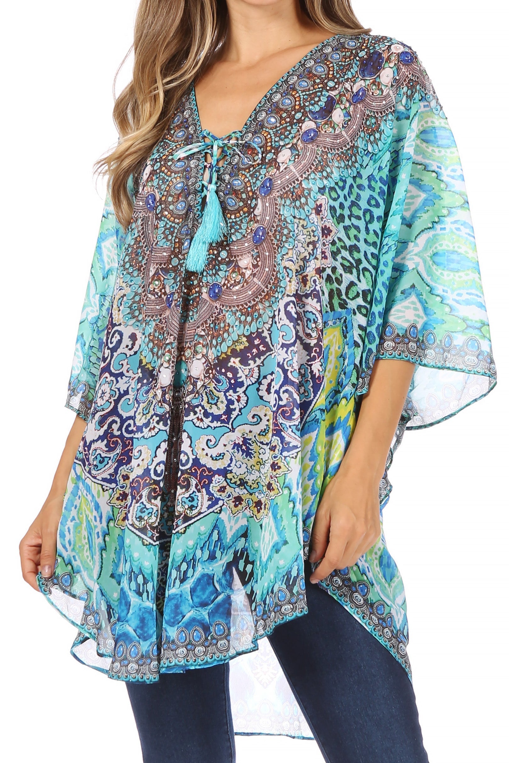 Sakkas Sloane Women's Printed V Neck Loose Fit Casual Circle Top Blouse with Ties - Concordia Style Boutique