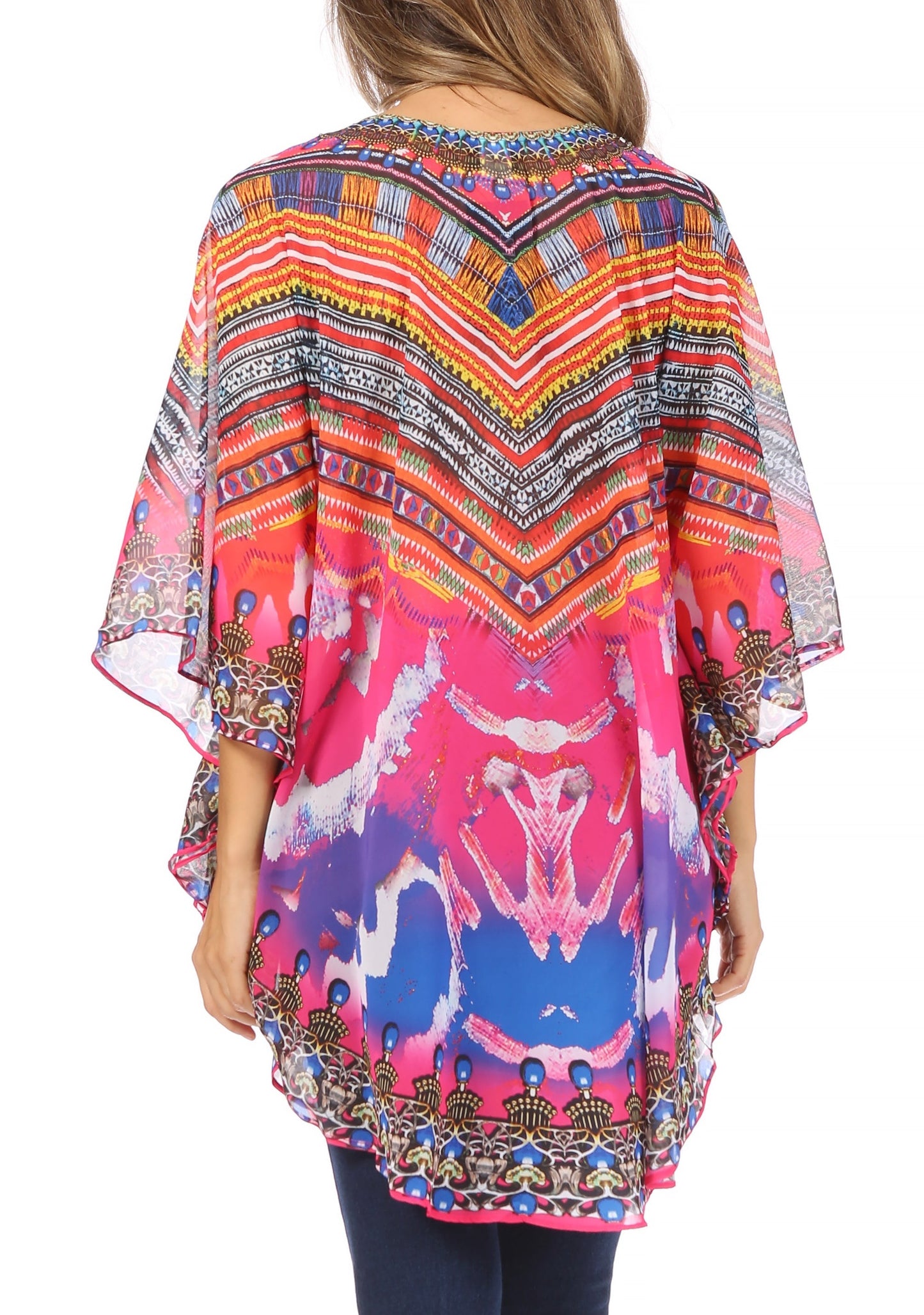 Sakkas Sloane Women's Printed V Neck Loose Fit Casual Circle Top Blouse with Ties - Concordia Style Boutique