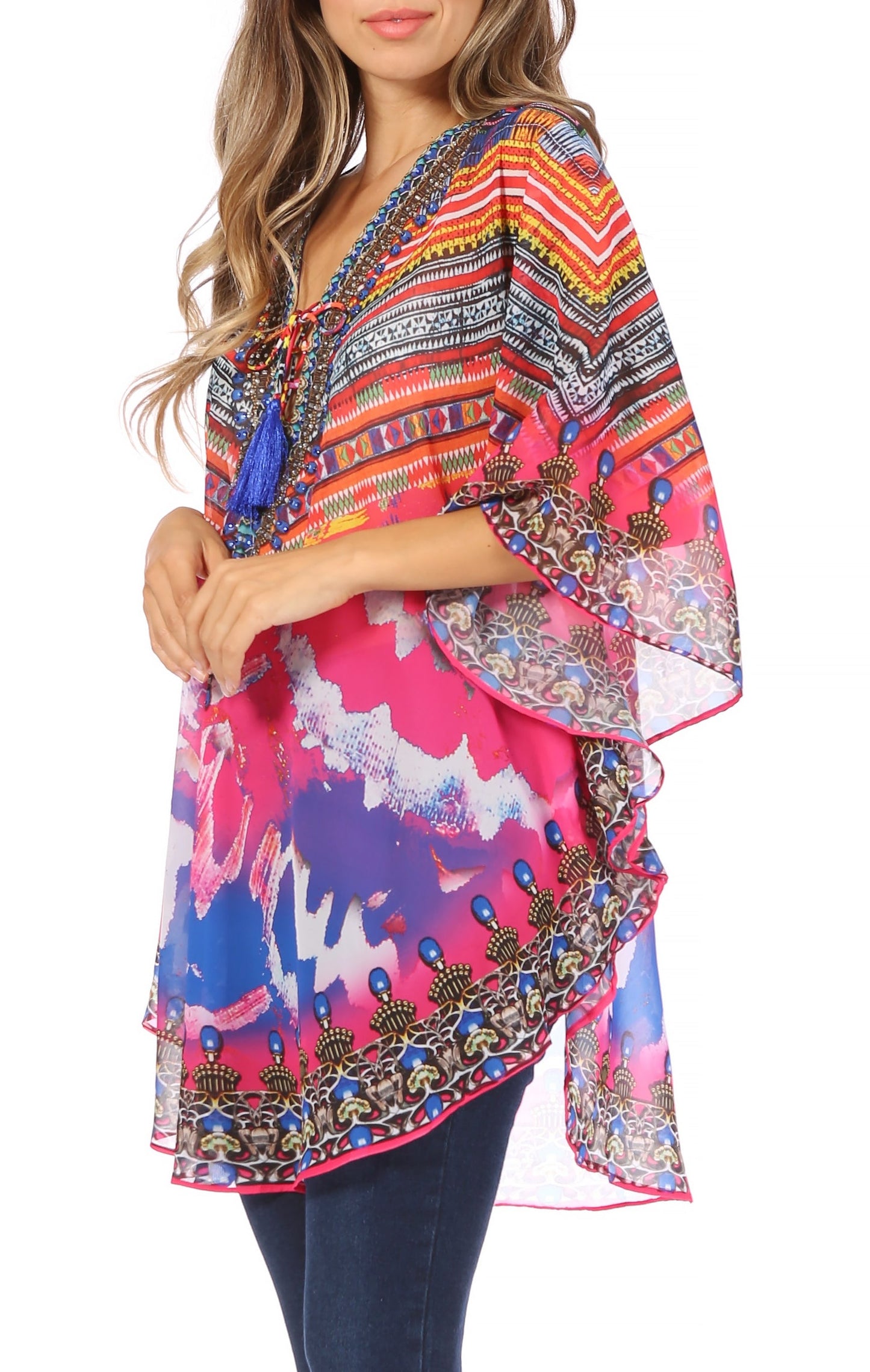 Sakkas Sloane Women's Printed V Neck Loose Fit Casual Circle Top Blouse with Ties - Concordia Style Boutique