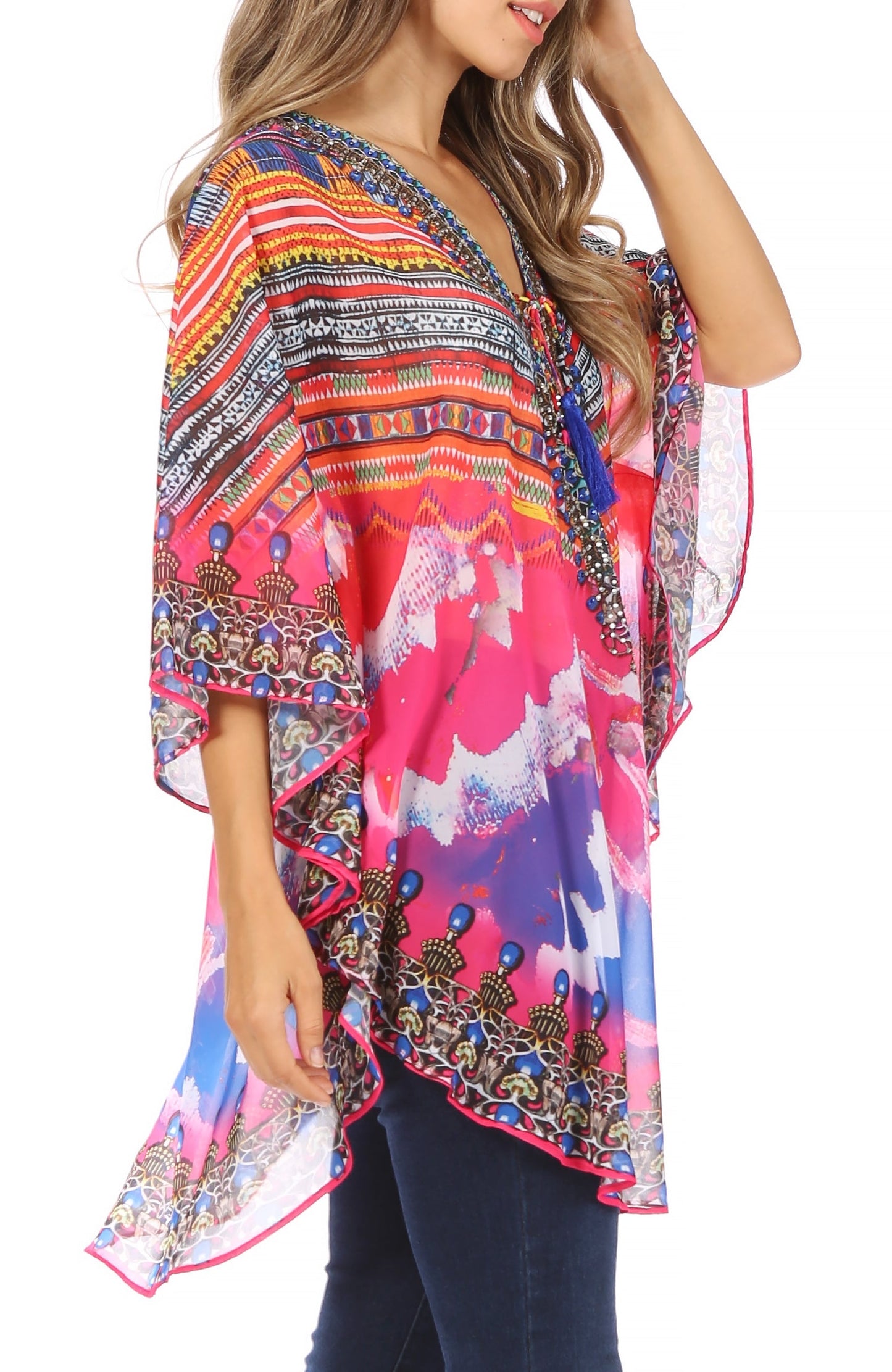 Sakkas Sloane Women's Printed V Neck Loose Fit Casual Circle Top Blouse with Ties - Concordia Style Boutique