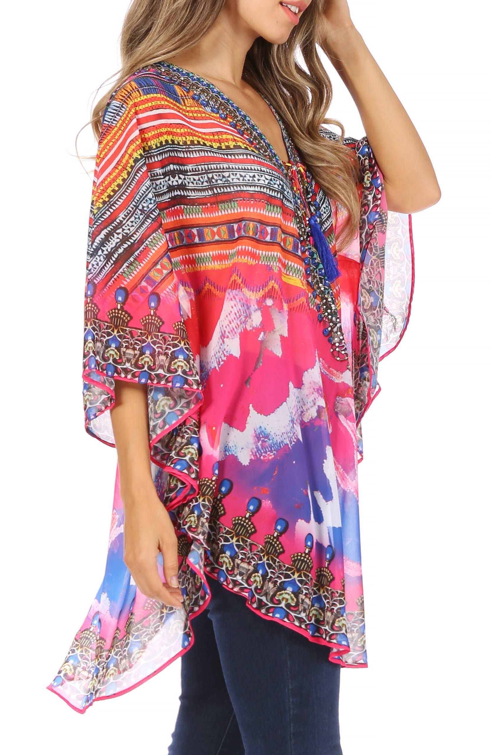 Sakkas Sloane Women's Printed V Neck Loose Fit Casual Circle Top Blouse with Ties - Concordia Style Boutique
