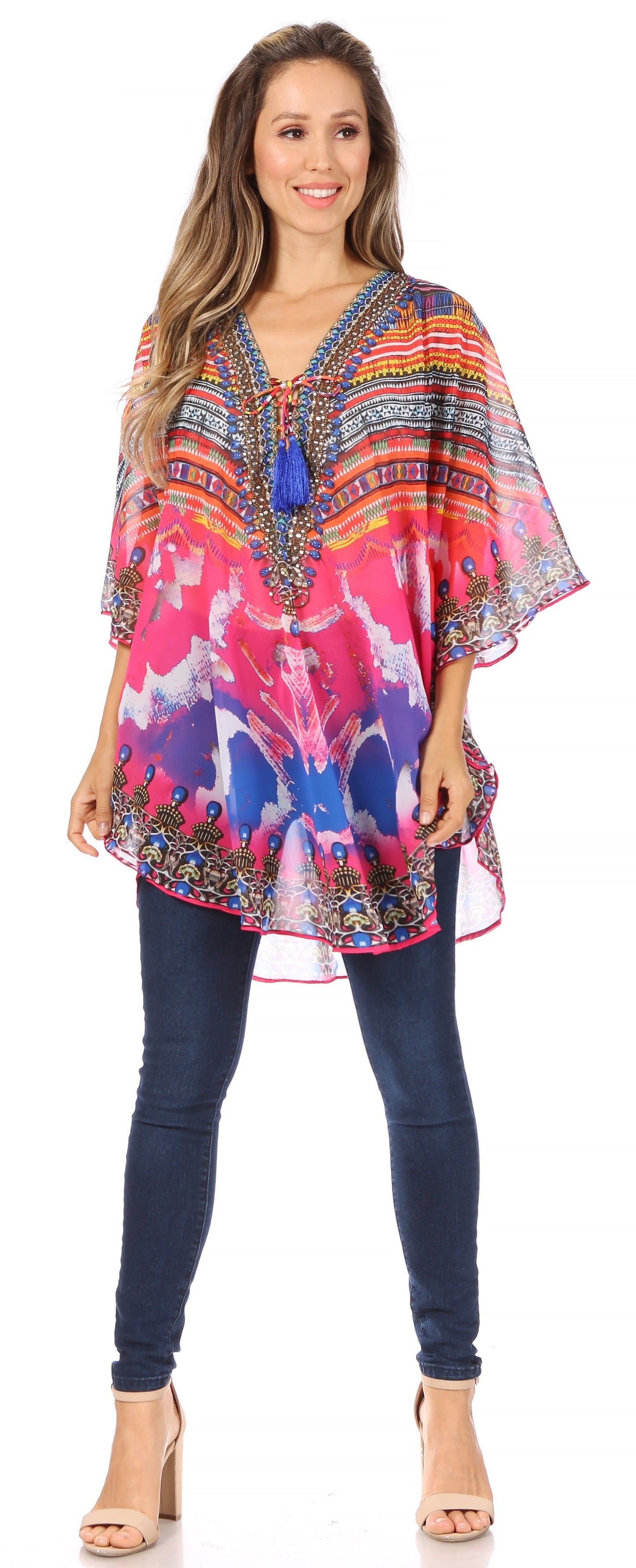 Sakkas Sloane Women's Printed V Neck Loose Fit Casual Circle Top Blouse with Ties - Concordia Style Boutique