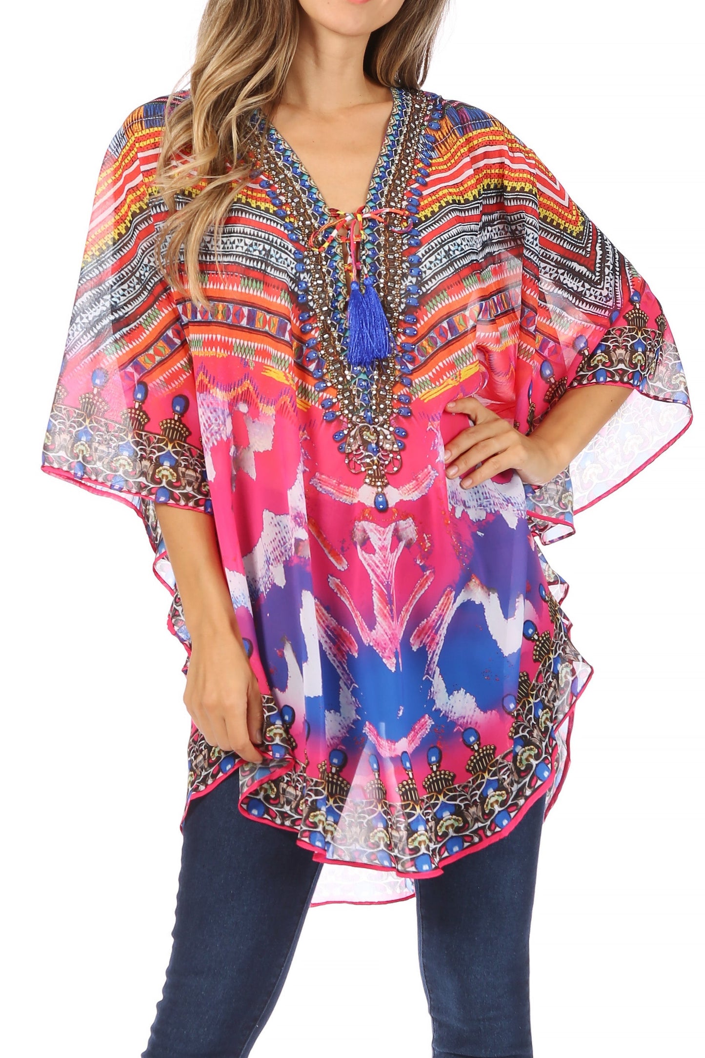 Sakkas Sloane Women's Printed V Neck Loose Fit Casual Circle Top Blouse with Ties - Concordia Style Boutique