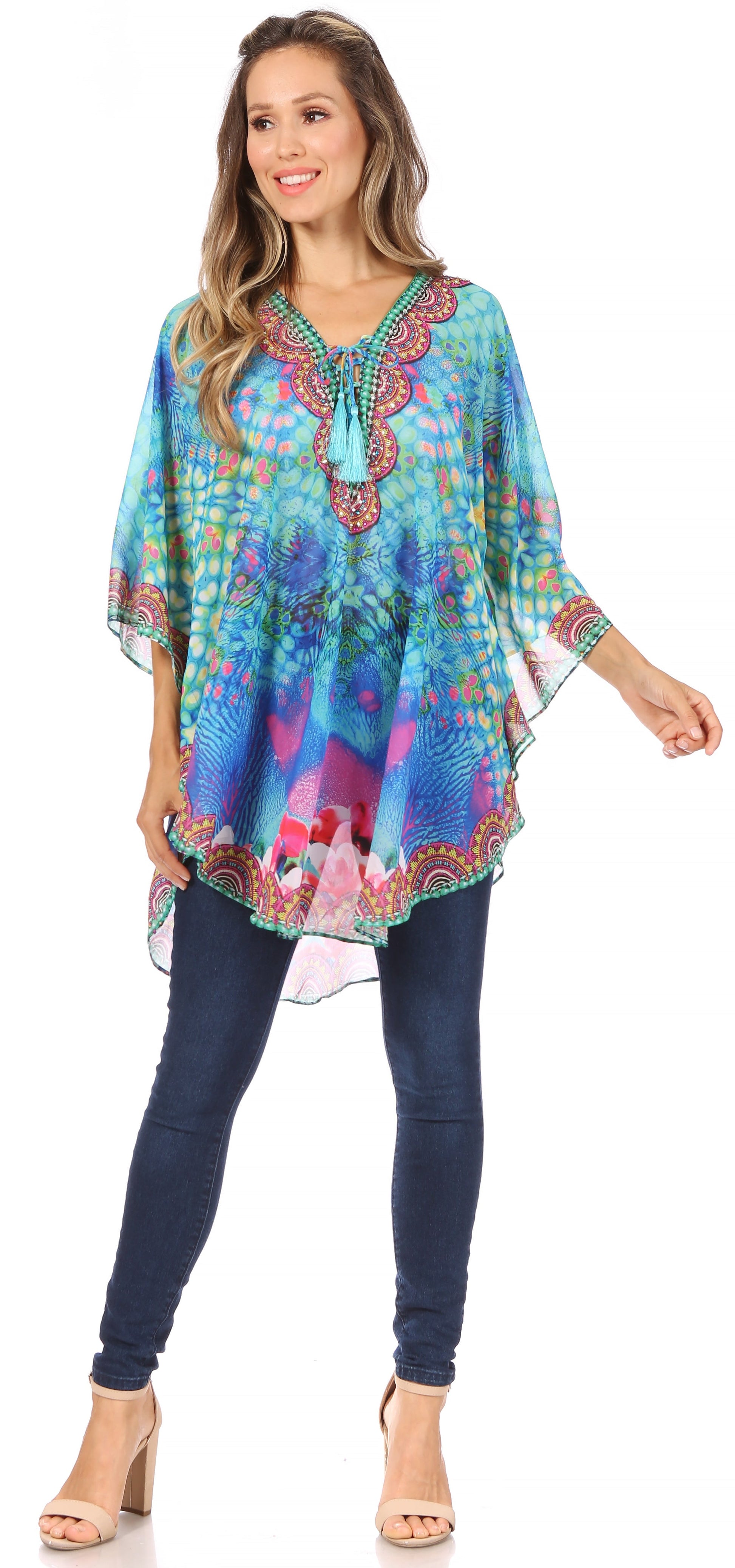Sakkas Sloane Women's Printed V Neck Loose Fit Casual Circle Top Blouse with Ties - Concordia Style Boutique