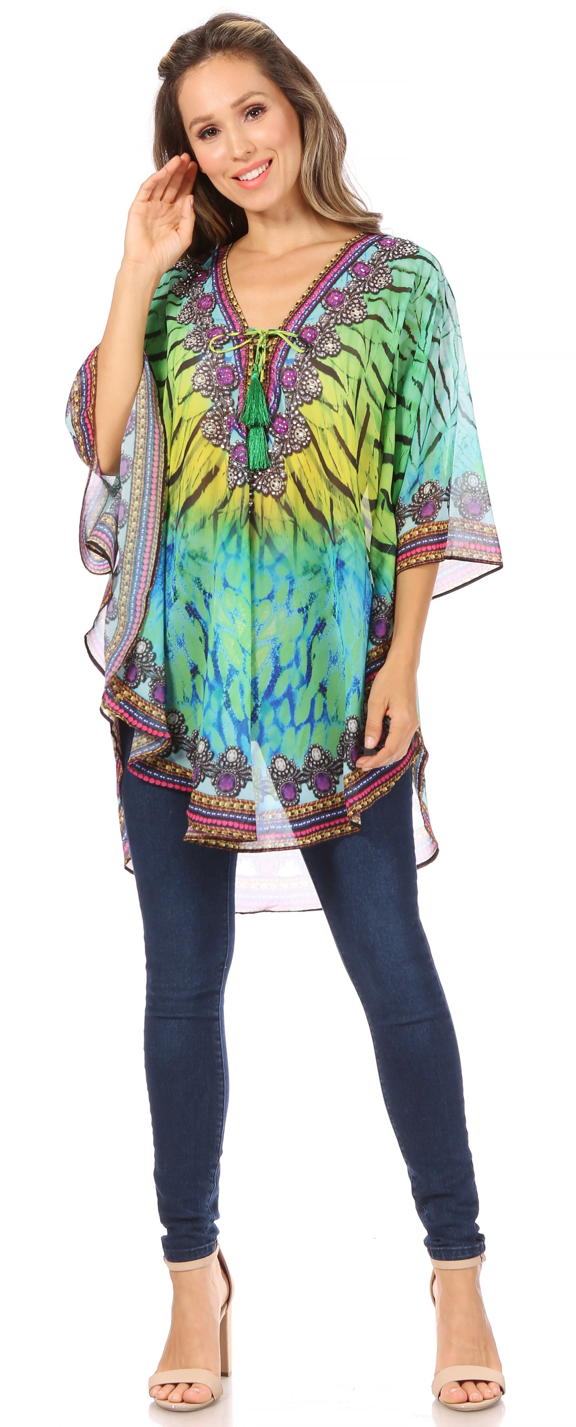 Sakkas Sloane Women's Printed V Neck Loose Fit Casual Circle Top Blouse with Ties - Concordia Style Boutique
